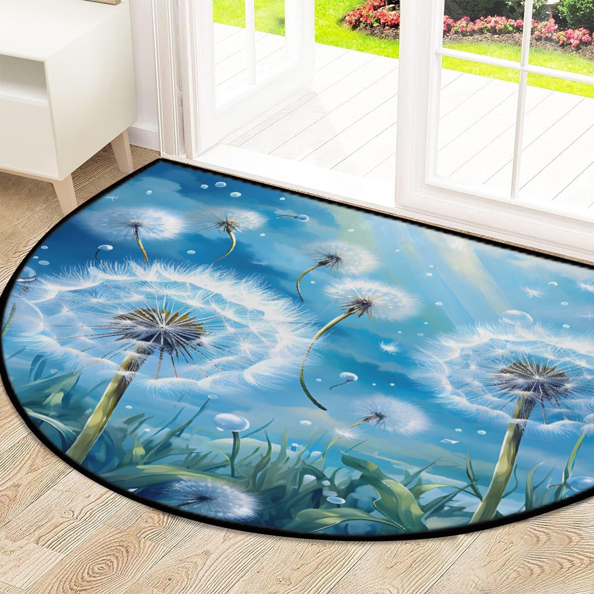 Mexpekil Paillasson demi-lune en forme de plante pissenlit pour intérieur et extérieur antidérapant lavable, tapis de sol en demi-cercle absorbant la saleté, tapis demi-rond, 100 x 160 cm