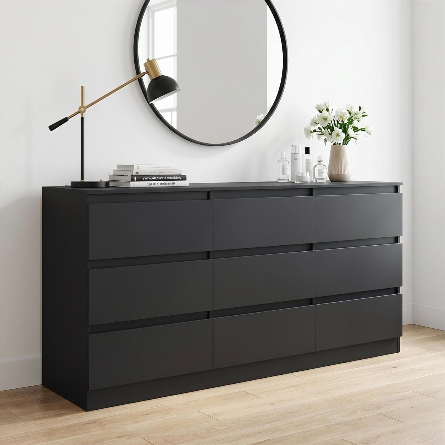 Black 9 Drawer Dresser for Bedroom, Long Dresser with Deep Drawer,Modern Wide Wood Storage Chest of Drawer, Bedroom Storage Furniture,TV Stand for Living Room