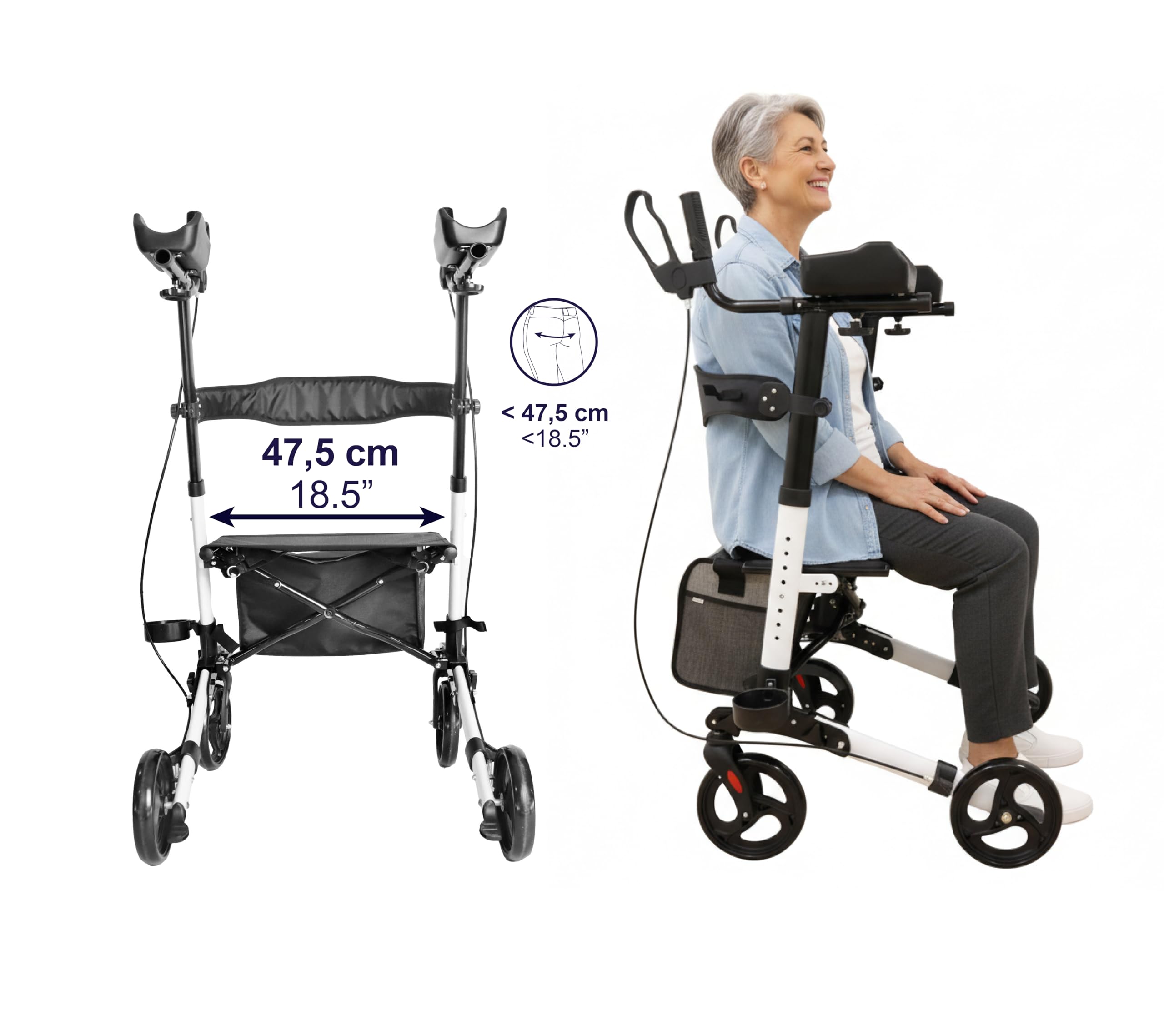 KMINA Andador para Ancianos Plegable con Asiento y Respaldo, Apoyabrazos Acolchados, 4 Ruedas, Frenos de Maneta, Aluminio