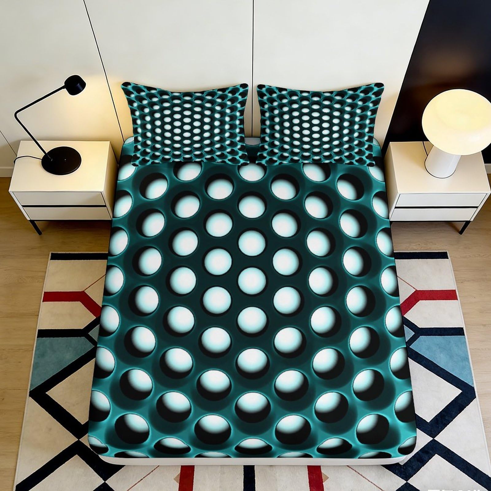 3D Printed Teal Geometric Dots Fitted Sheet Microfiber Modern Abstract Circles Mattress Cover Bedroom Dorm Decor 140x200x25cm