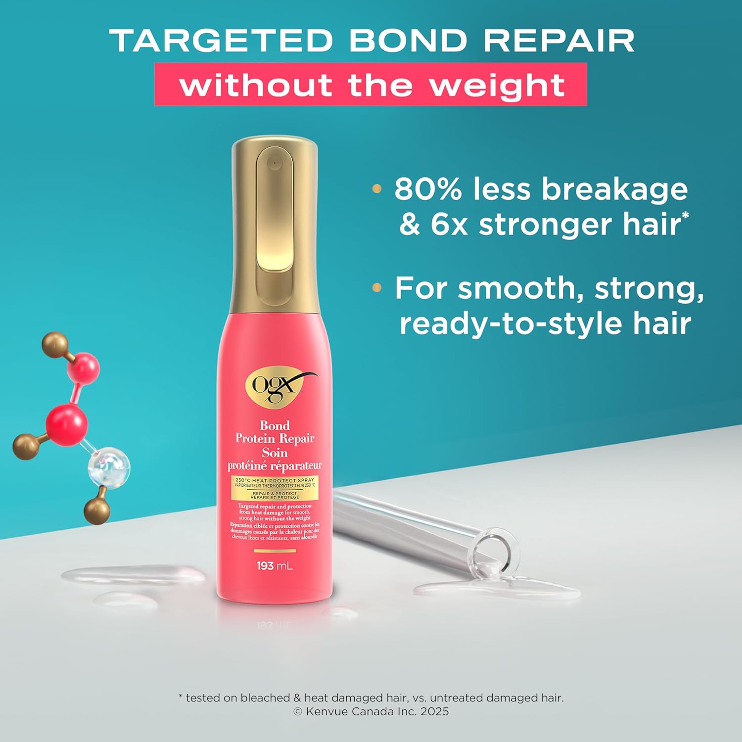 OGX Repair & Protect Bond Protein 230°C Heat Protect Spray, Thermal Protection Spray for Targeted Damage Repair & Protection from Heat Damage, 193 mL - Image 2