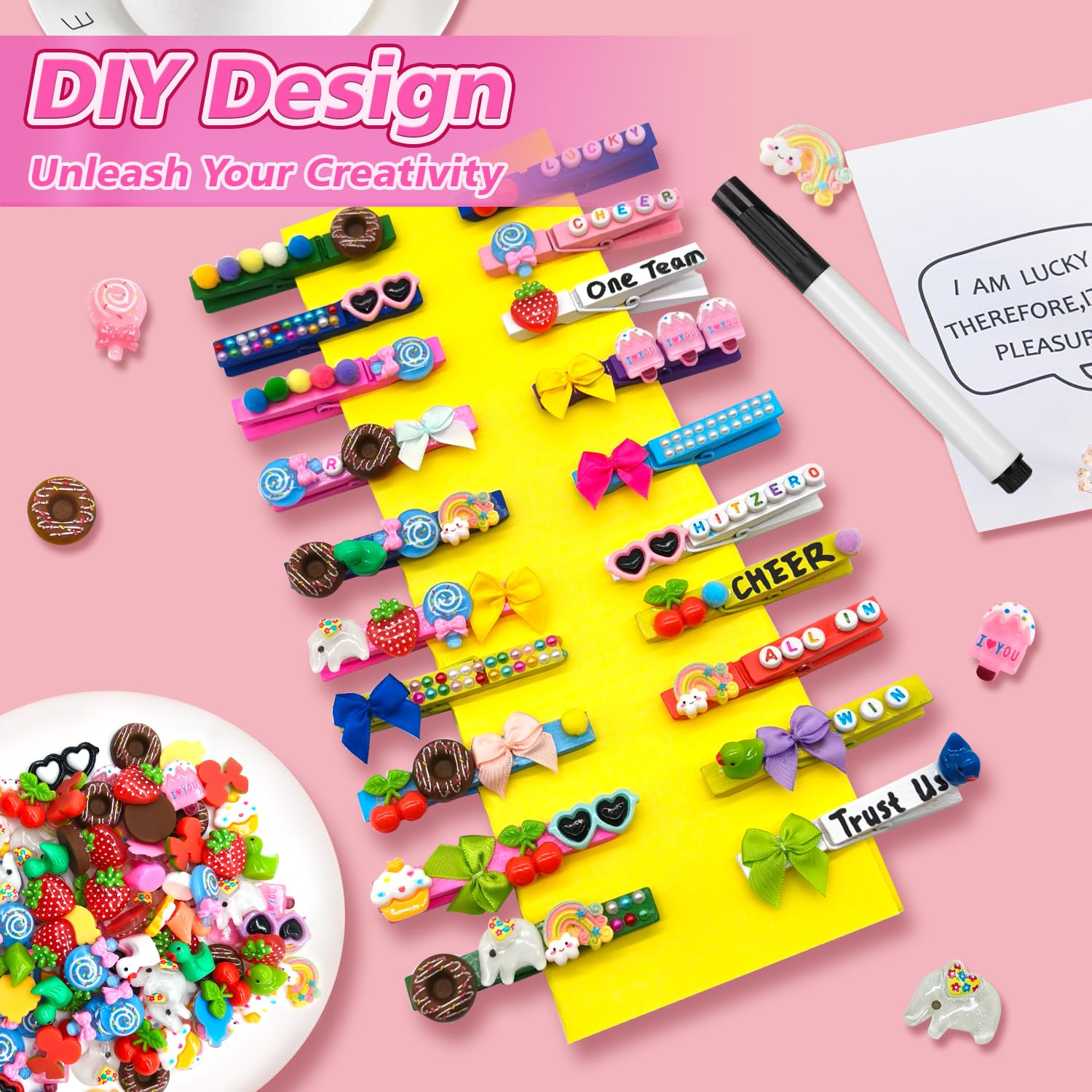 Gnoztik 100-Set Cheer Pins Spirit Clips, 100 Wooden Clothes Pins with 500 Accessories, Including Mini Ducks, Bows & Pompoms, Perfect for Cheerleading, Backpacks, Gifts & Decorations