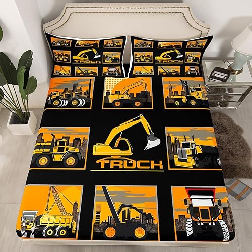 Miniatura 2 de Erosebridal Juego de sábanas para cama de excavadora, tractor, camión, sábana bajera ajustable para niños, niñas, adolescentes, caricaturas,
