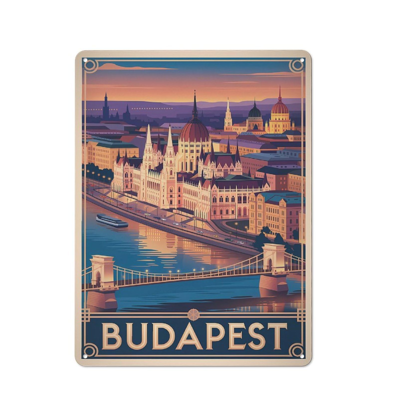 Cottage Style Budapest Cityscape Travel Decorative Tin Sign 40x30cm, Rustic Kitchen Decor for Kitchen, Cottage, Porch Or Garden Room