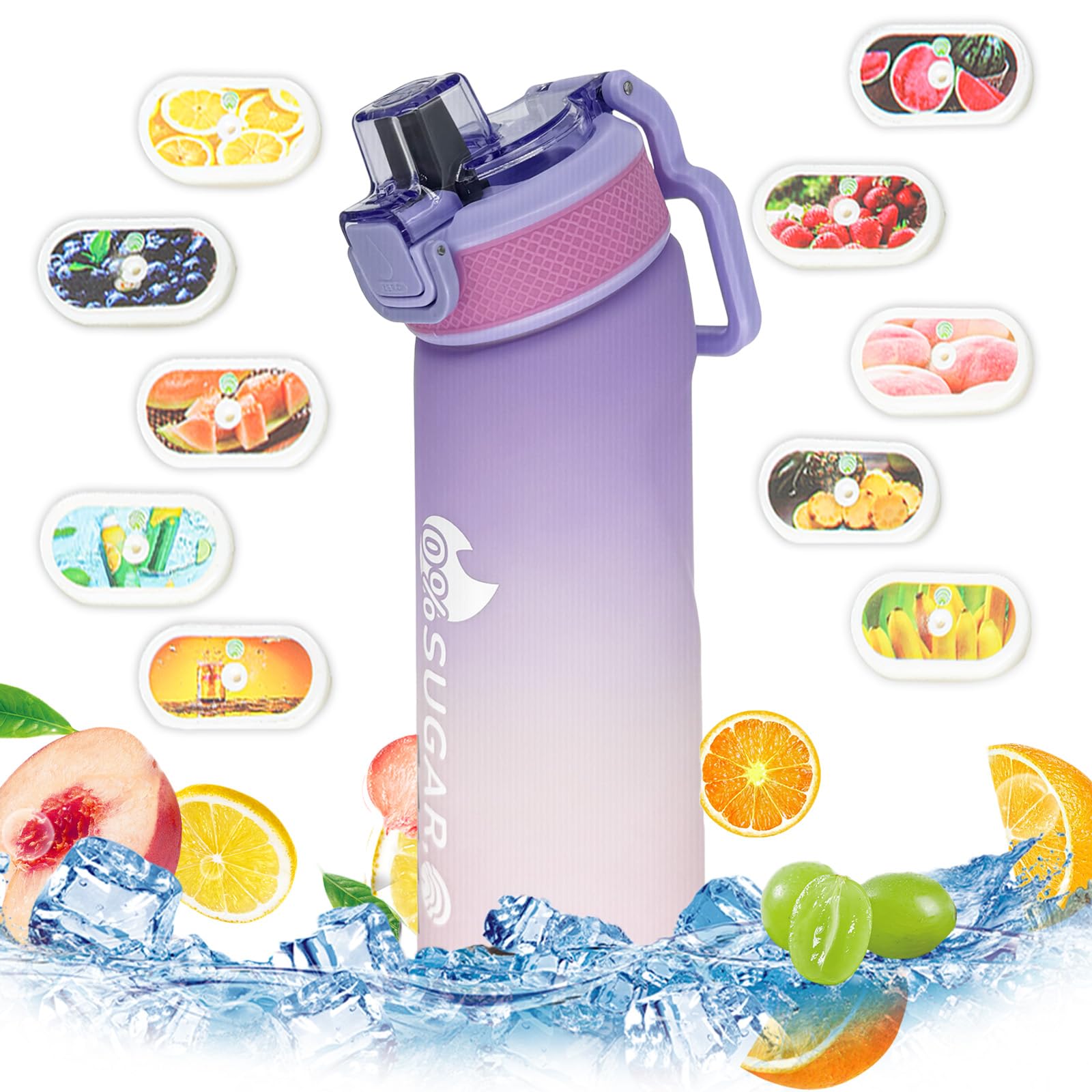Fychuo Water Bottle, 700ml BPA Free Drinking Bottles with 10 Random Flavour Pods Scented 0 Sugar Calorie, Water Cup with Straw for Gym School Outdoor, Pink & Purple