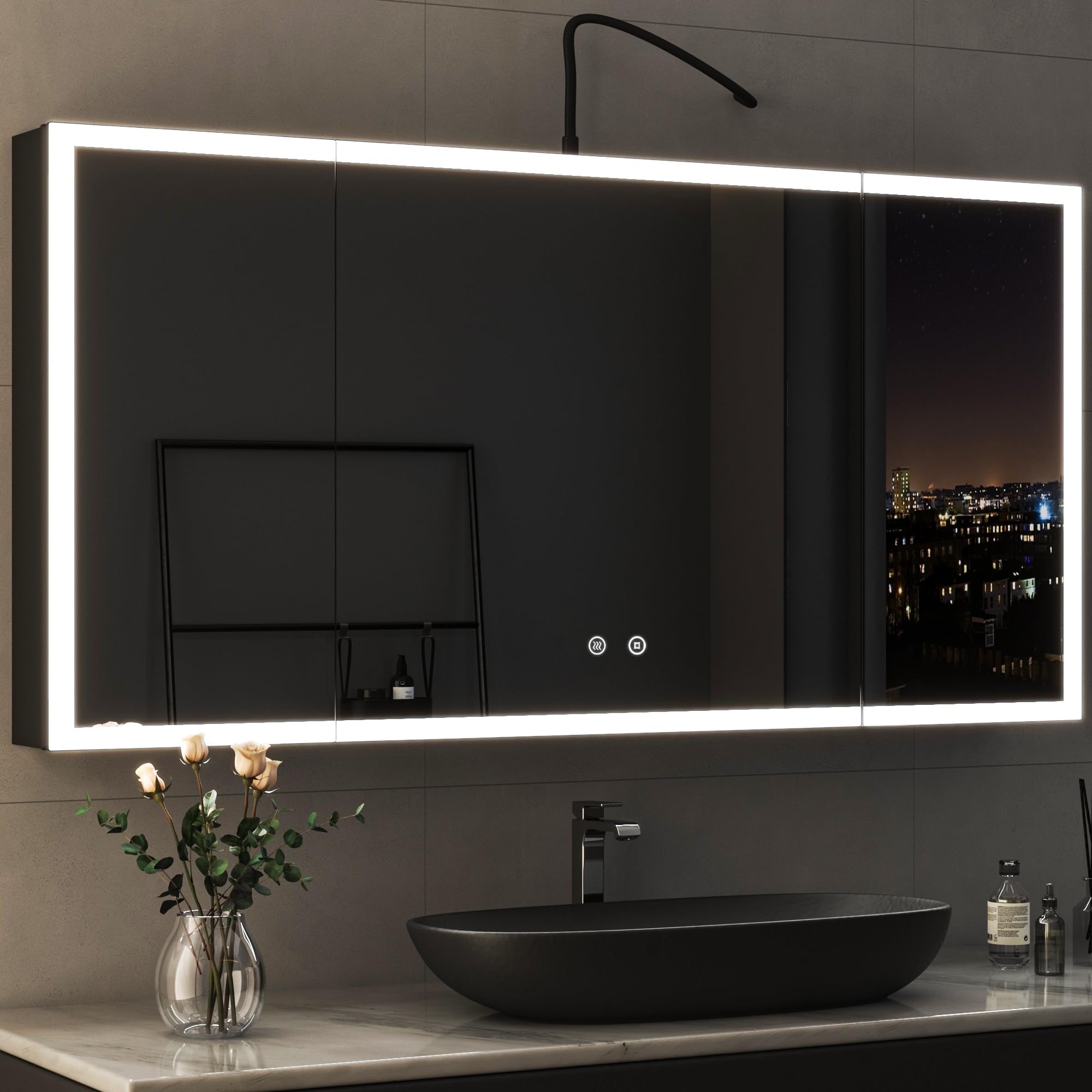 Boromal Großer Spiegelschrank Bad mit Beleuchtung 120 x 60 x 13,5 cm Schwarz Spiegelschrank mit Beleuchtung Metall LED Badezimmerschrank mit Dimmbar + Beschlagfrei + Stecker