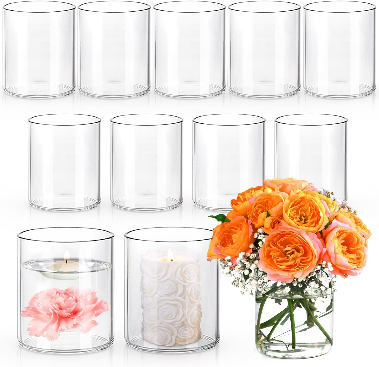 UPBUD 4 Inch Small Glass Cylinder Vases for Centerpieces | 12pcs Clear Flower Vase for Wedding Decorations, Floating Candle Vases in Bulk, Hurricane Candle Holders for Table, Home Décor