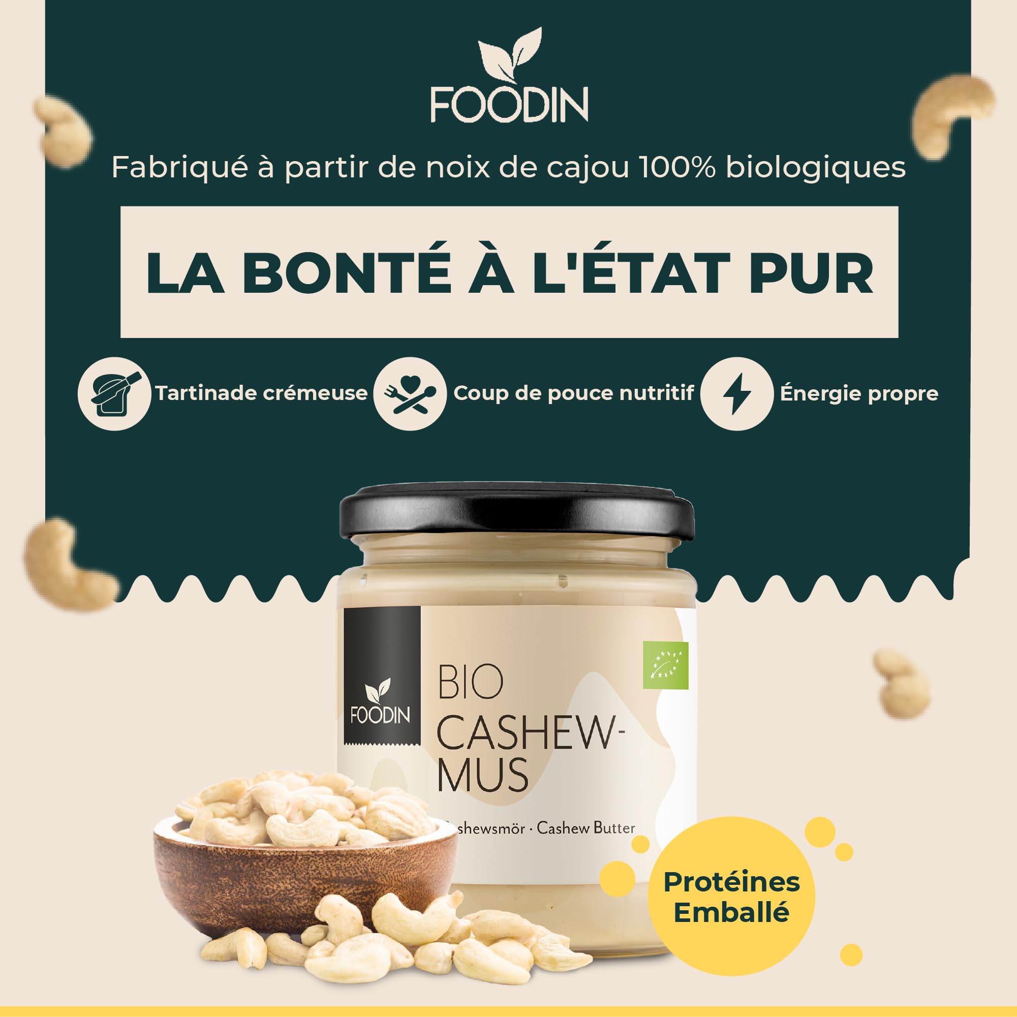 FOODIN Noix de cajou bio dans un verre – 100 % naturel noix de cajou, beurre de cajou (2 x 250 g)