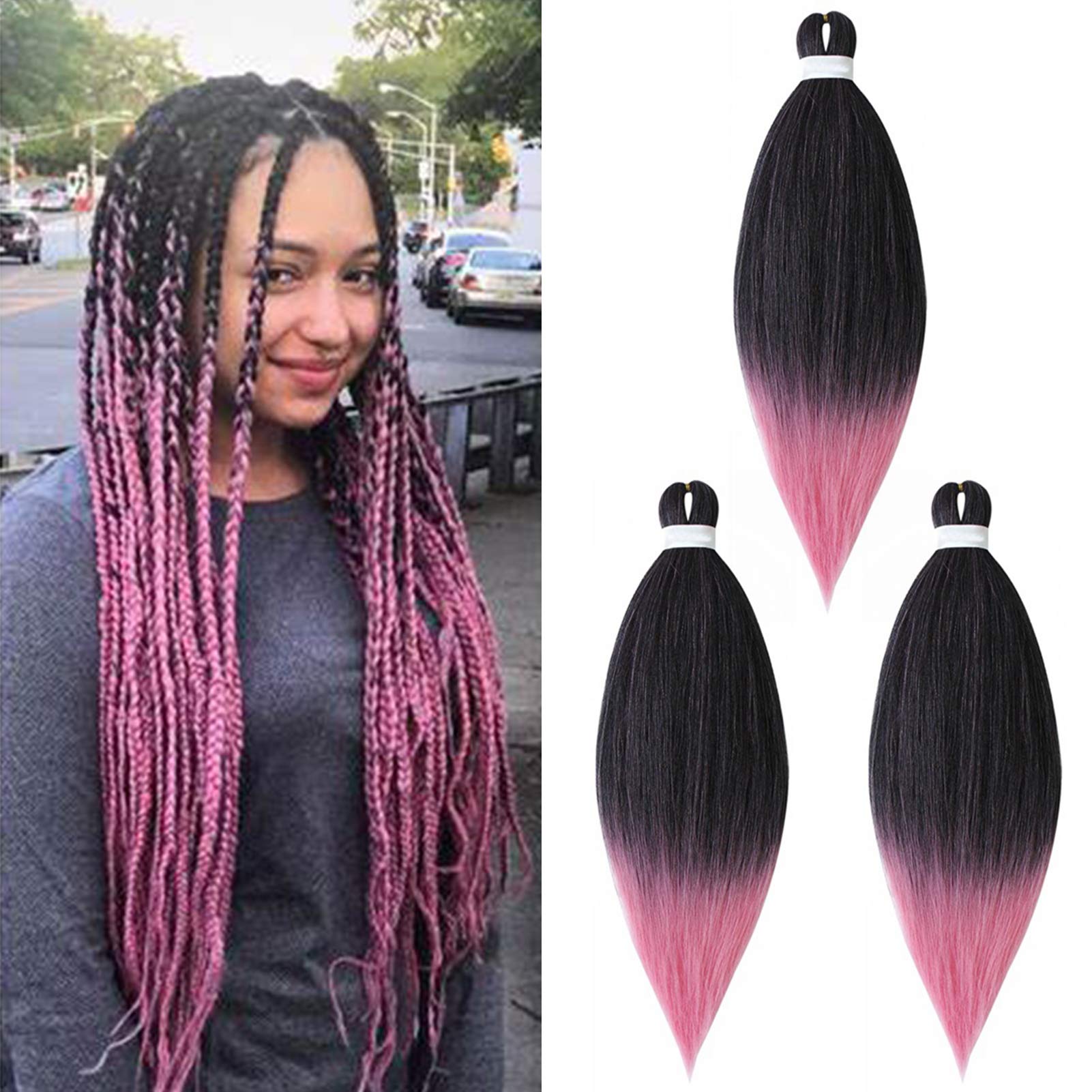 Ombre Extension per Treccine Africane Capelli Finti Sintetici 3pieces Pre Allungati Trecce Afro Extension Braids Hair Crochet Twist EZ Braiding Yaki Hair (Nero/Rosa)