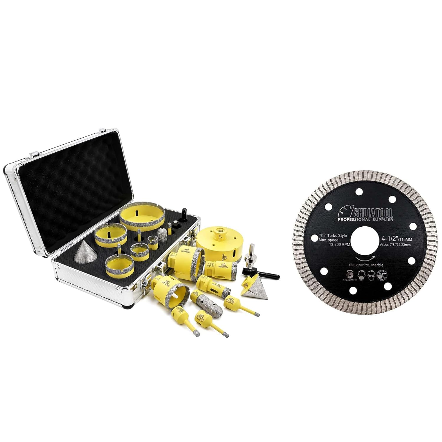 Diamond Core Drill Bits Set 10PCS - DARTOTEK Tile Hole Saw Kit and SHDIATOOL Diamond Turbo Blade 4.5 Inch Super Thin Cutting Disc