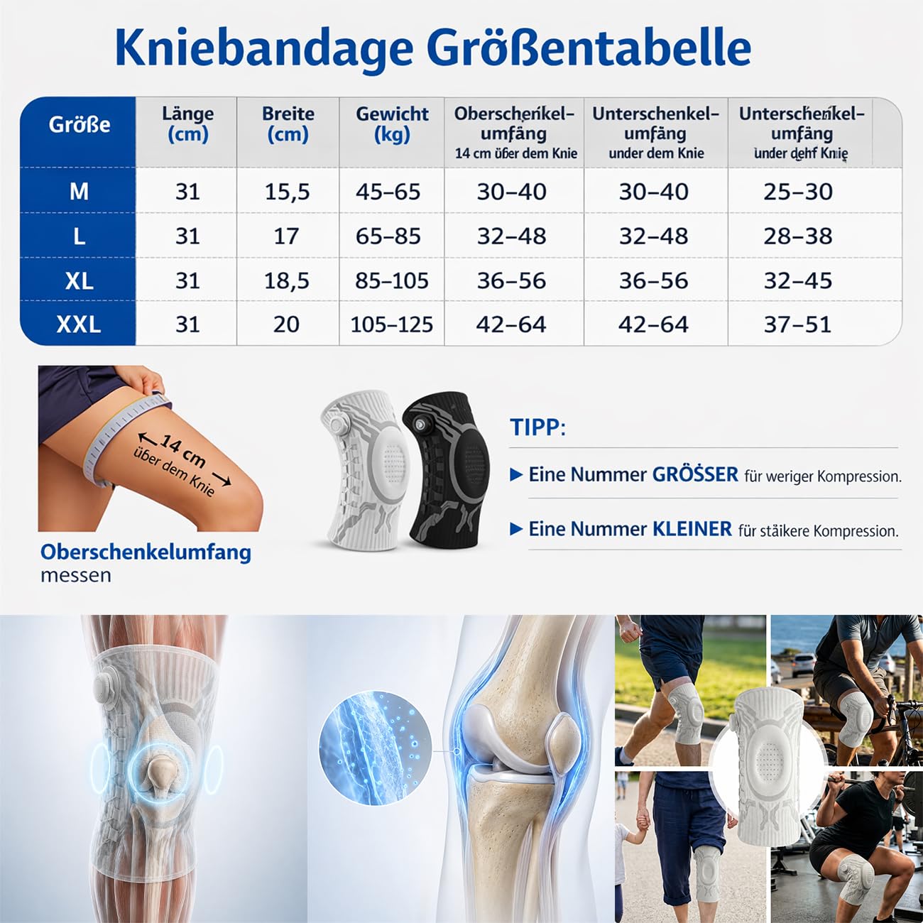 Verstellbare Kniebandage für Damen & Herren – Kompressionsstütze mit seitlichen Stabilisatoren & Patella-Gel-Pad, Atmungsaktive Knieorthese für Sport, Meniskus, Arthritis & Gelenkschmerzen