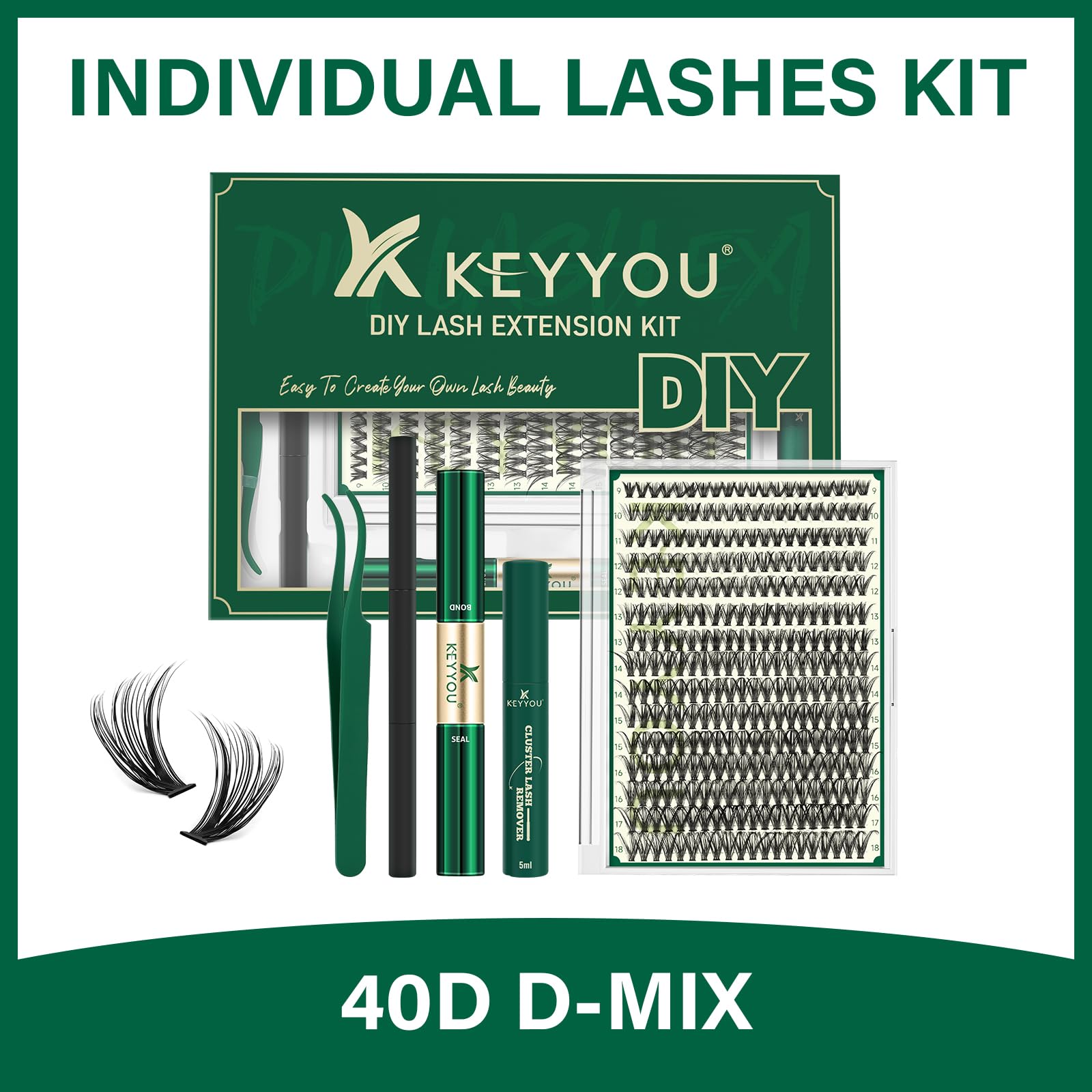 DIY Wimpernverlängerung Kit KEYYOU 300Pcs 40D 0.07D Curl 8-16MIX Wimpern-Cluster-Kit mit Wimpern Kleber Entferner Applikator einfach zu bedienen für Anfänger (Kit-40D-0.07D,8-16MIX)