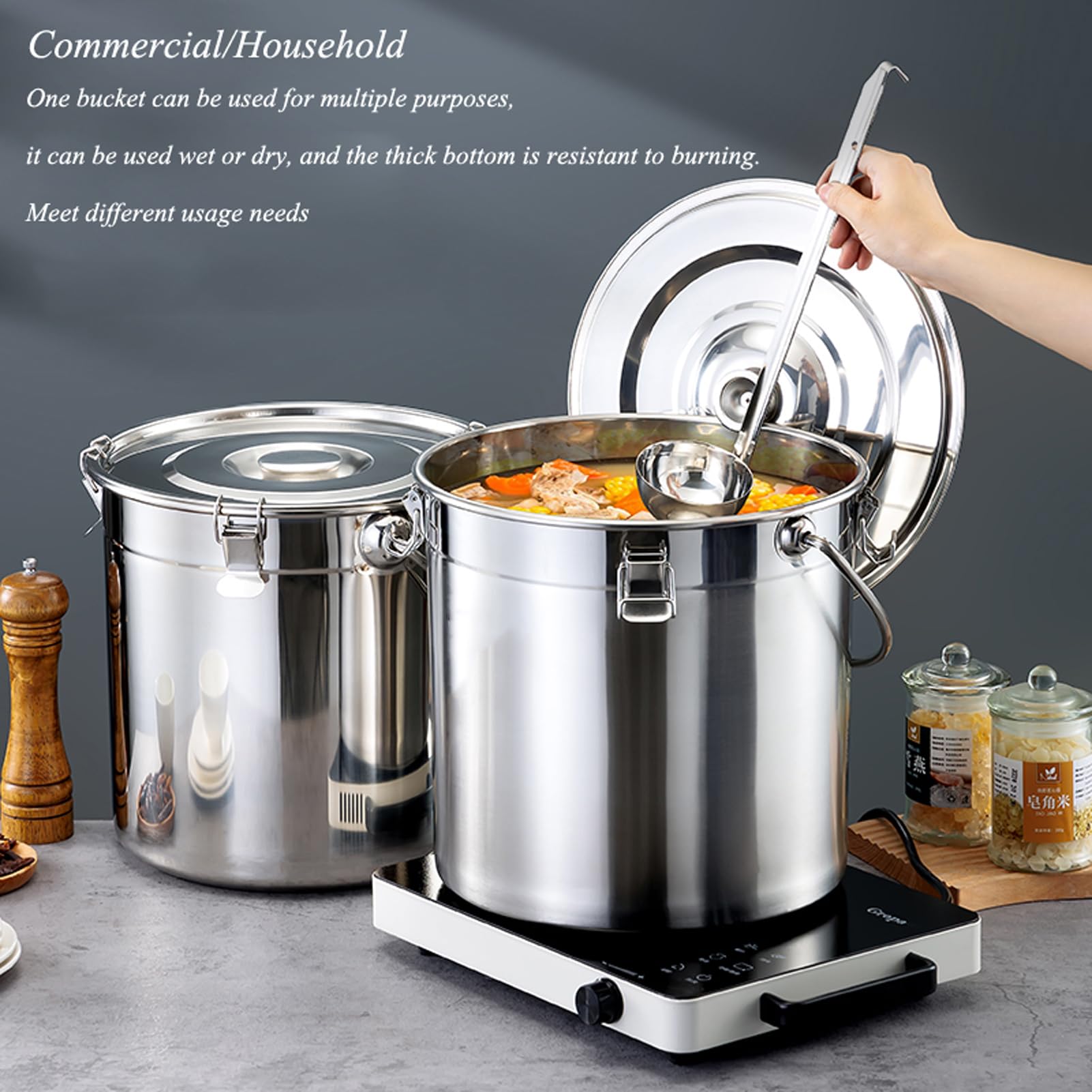 Pentola per Zuppa con Coperchio con Rubinetto Pentola, Pentola per Zuppa in Acciaio Inossidabile con Fondo Composito Secchio per Vino, Lattina per Addensare Il Latte,20L