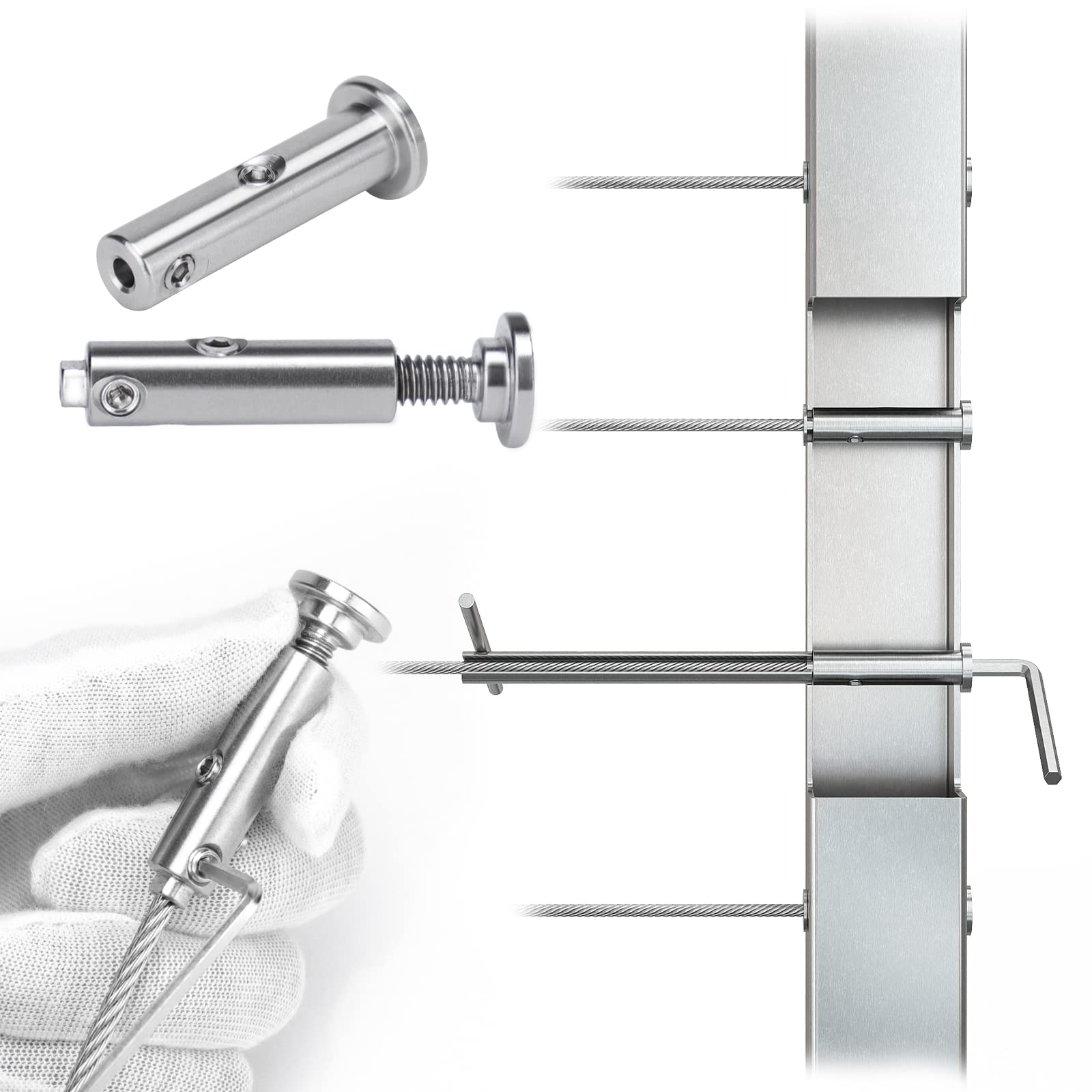 Muzata Cable Railing Kit Swageless Invisible 1/8'' 20 Pair Patent Turnbuckle Threaded Stud Hex Head Fitting and Stemball Combination Pack CB05, CV1