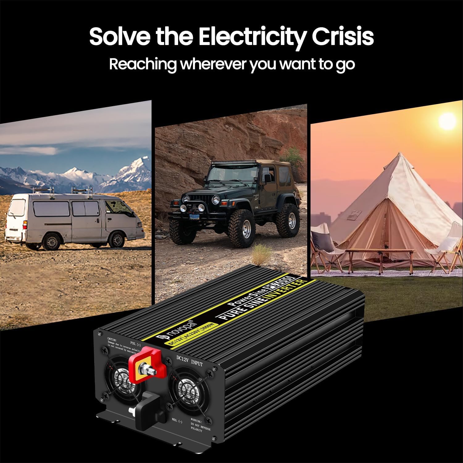 NOVOPAL 3000W/6000W Inversor 12V 220V Onda Pura Convertidor | 5M Mando a Distancia, 2.4A Puertos USB, 2EU AC para Camión, Coche, Caravana,Barco,Camping,Viajes