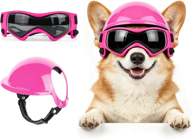 Conjunto de Capacete e Óculos de Sol para Cães de Porte Médio LESYPET, ABS, Rosa e Preto