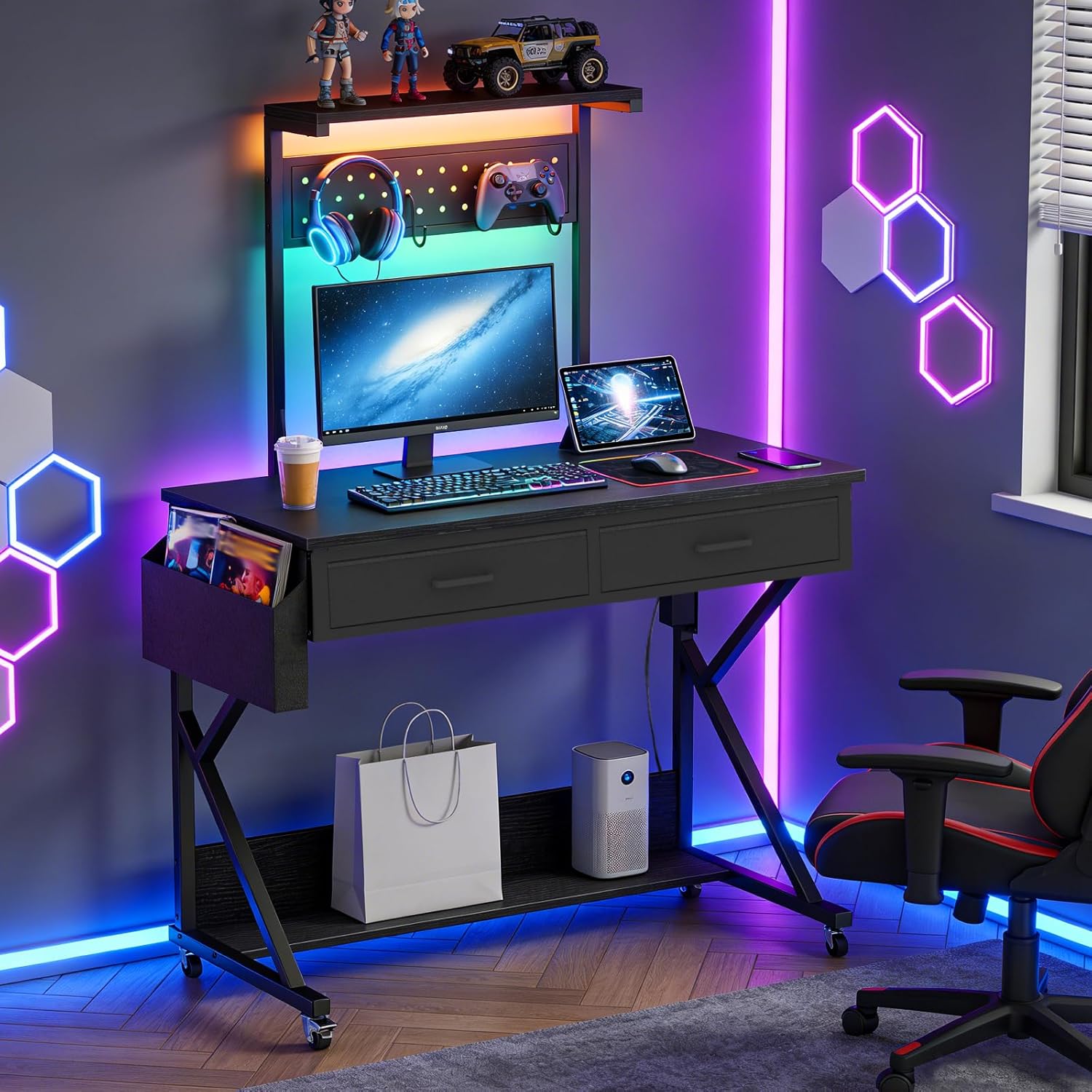 RALGEND Mobile Gaming Computer Desk with LED Lights & Charging Station, 39.4" Rolling Office Desk with Removable Hutch & Wheels, Portable Desk with Drawers & Storage Shelves for Home Office, Black