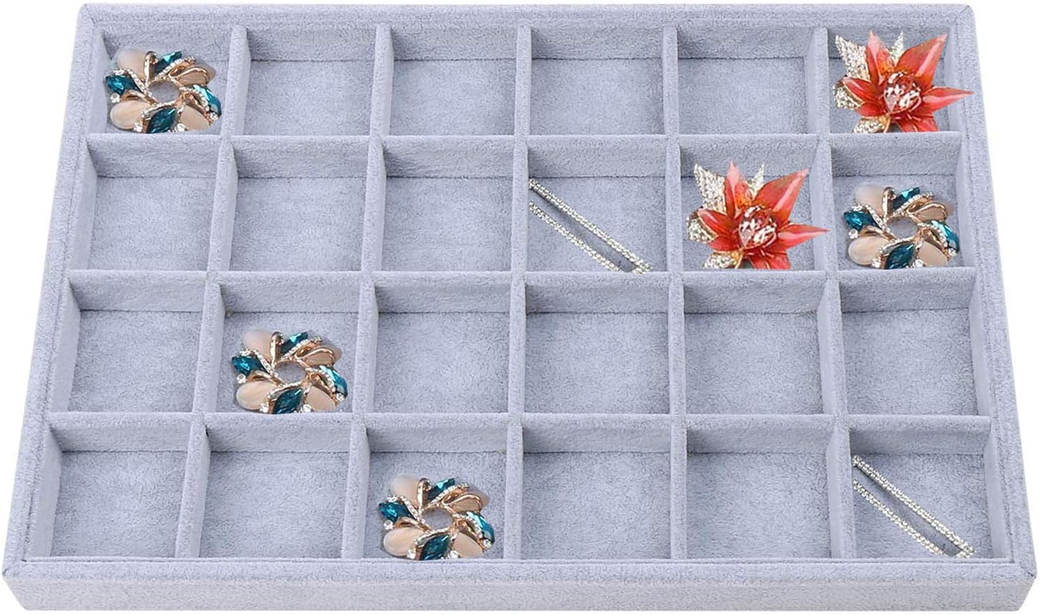 PimuzaGray Velvet Stackable 24 Grid Jewelry Tray Showcase Display Organizer Holder Dividers for Teen Gemstone,Pendant,Key, Marble Accessory Storage Box Case Adjustable Dish for Decorate Woman Vanity Table