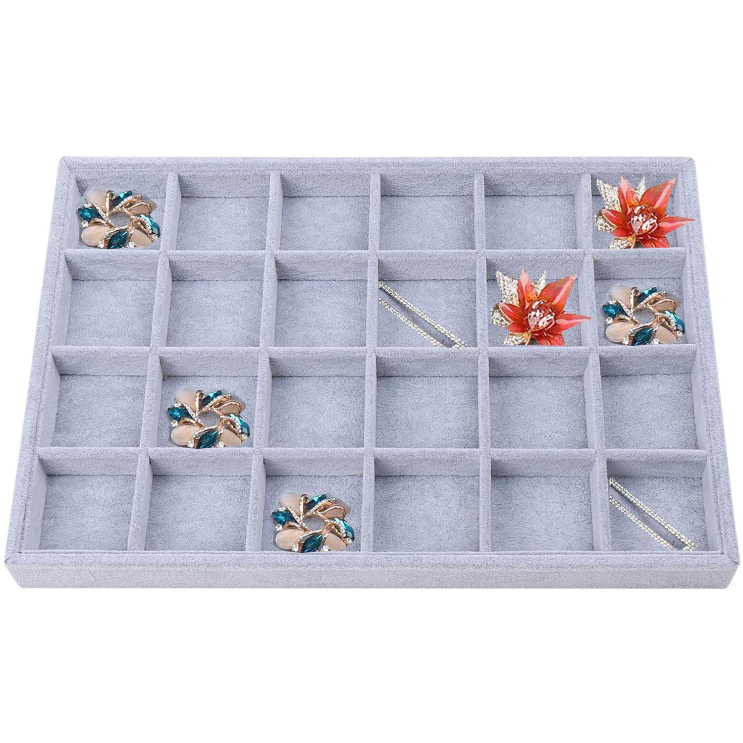 PimuzaGray Velvet Stackable 24 Grid Jewelry Tray Showcase Display Organizer Holder Dividers for Teen Gemstone,Pendant,Key, Marble Accessory Storage Box Case Adjustable Dish for Decorate Woman Vanity Table