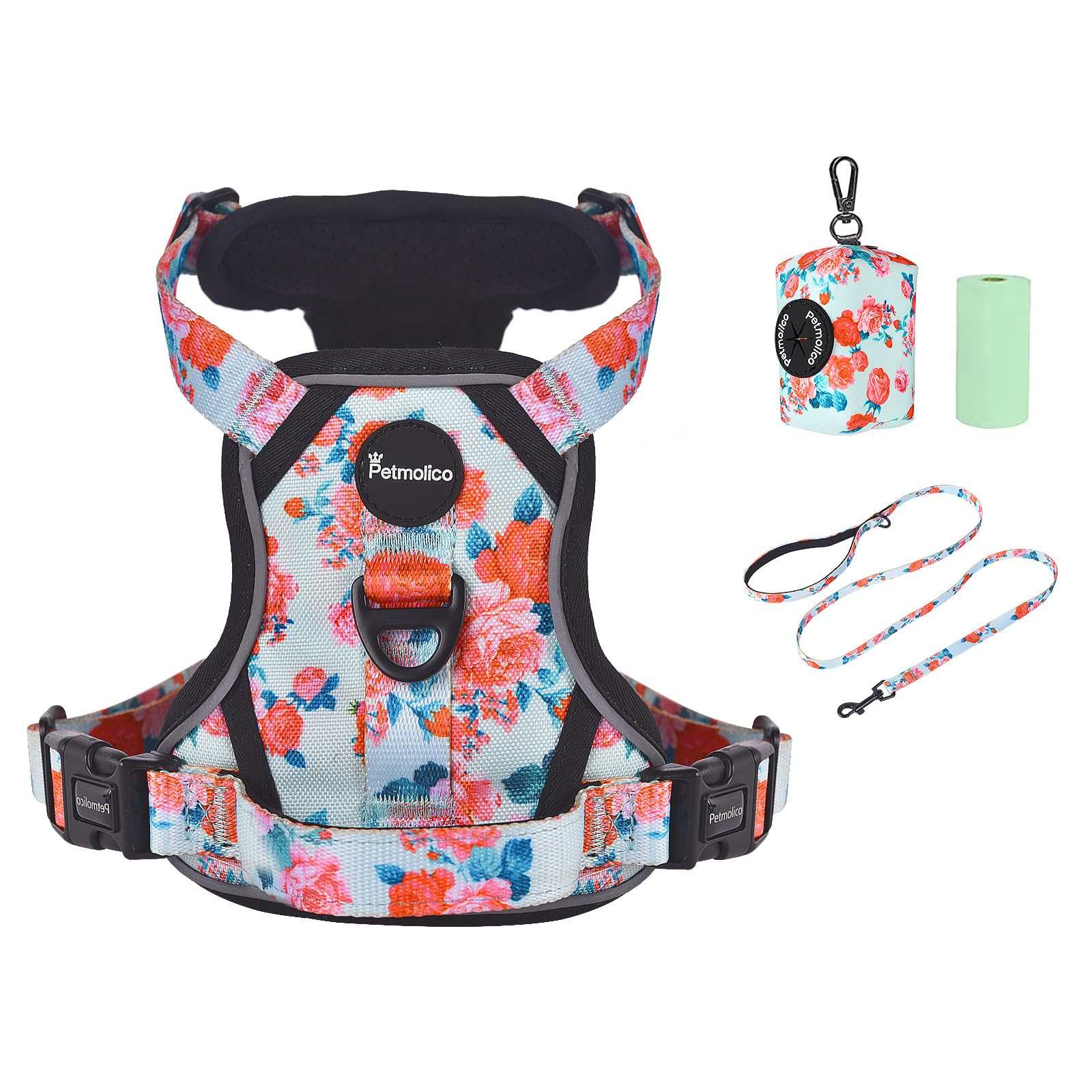 Petmolico No Pull Dog Harness Set with Leash Attachment Easy Control Handle Reflective Harness Vest Small Breed, Puppy Vest and Leash Set with Poop Bag Holder, Small - Green Flowers โ image 1