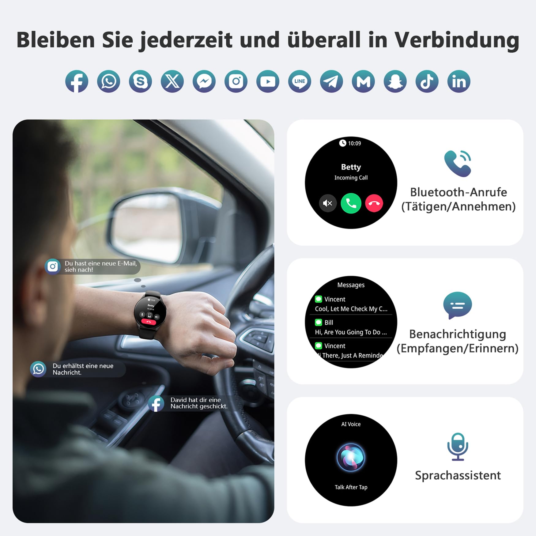 Blackview Smartwatch Herren Damen, AMOLED-Bildschirm, Virtuelle Always-On-Uhr, tätigen/empfangen, Sportuhr mit Puls-Schlaf-SpO2-Schritte-Kalorien-Kilometer, 2 Armbänder (Silikon/Nylon),für Android iOS