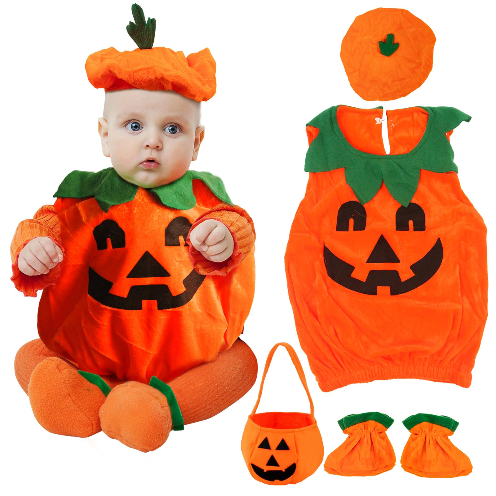 Satar Refes Halloween Pumpkin Costume for Kids Toddler Pumpkin Costume with Pumpkins Hat Candy Bag Shoes Party Fancy Dress Clothes Outfits for Baby Boys Girls Halloween Cosplay