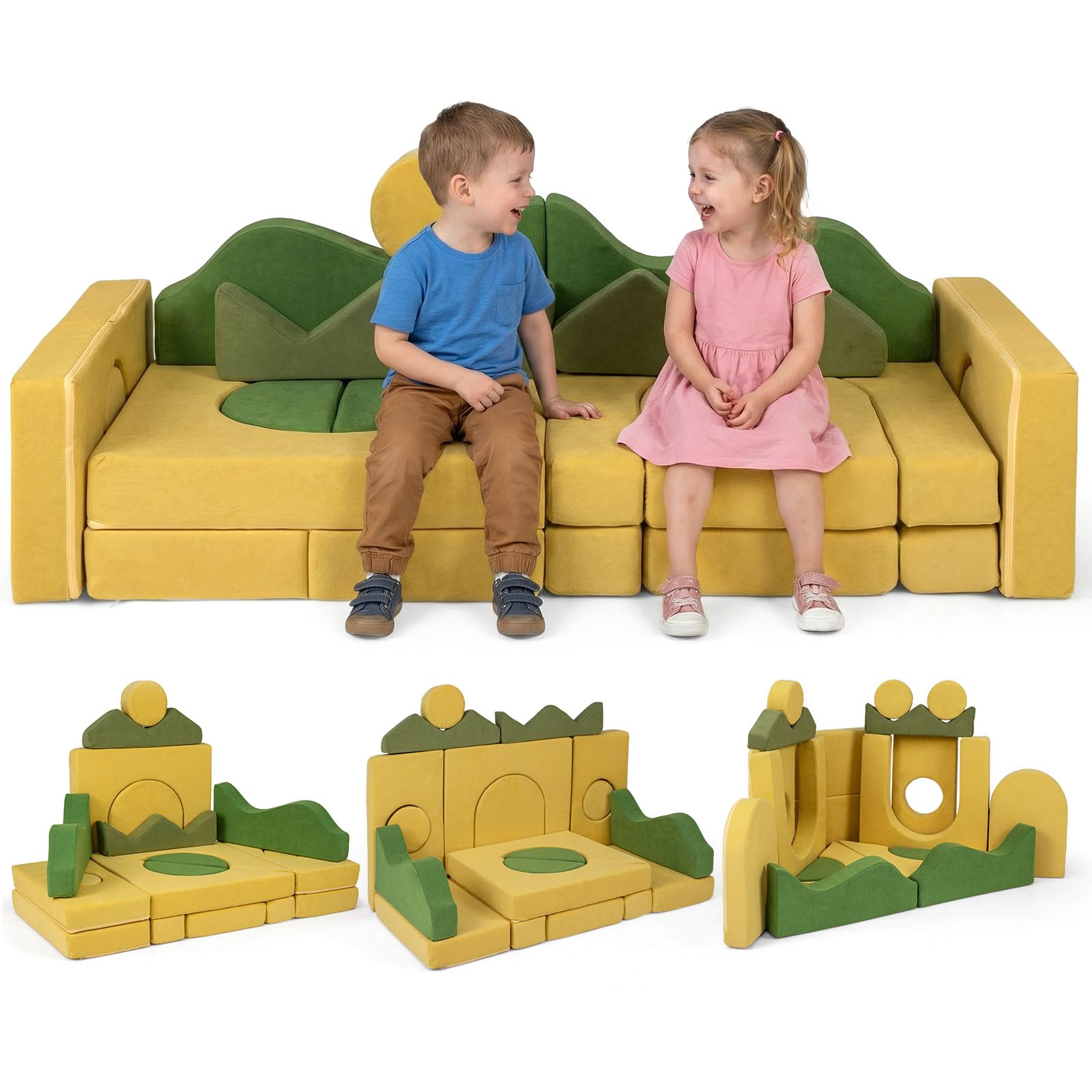Costzon Modular Kids Play Couch, Snow Mountain Theme Toddler Foam Building Fort for Inspiring Creativity, Convertible Foam and Floor Cushion for Boys Girls for Playroom, Bedroom Gifts (Sunrise)