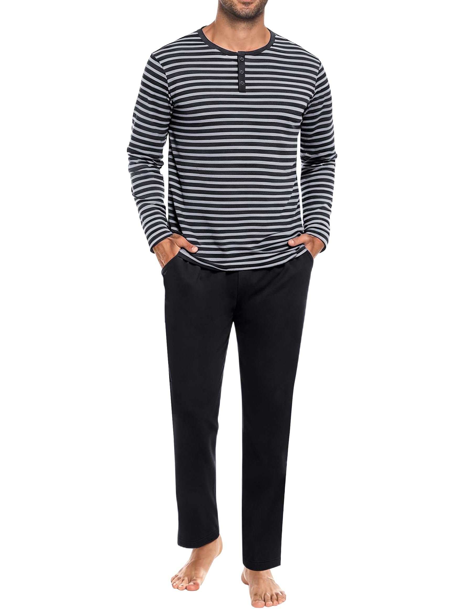 Men's Pyjamas Long Cotton Stripes Winter Pyjama Set Pyjamas Men's Long Sleeve Shirt Pyjama Bottoms with Pocket-image-16