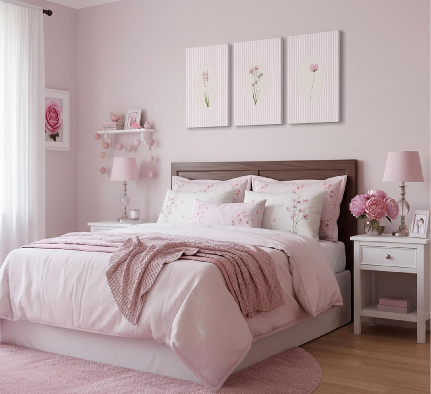 3 Pcs Pink Striped Floral Canvas Wall Art Minimalist Pink Flower Botanical Painting Pictures Wall Decor Preppy Pink White Striped Flower Poster Print Artwork for Girls Room Bedroom Home Decoration