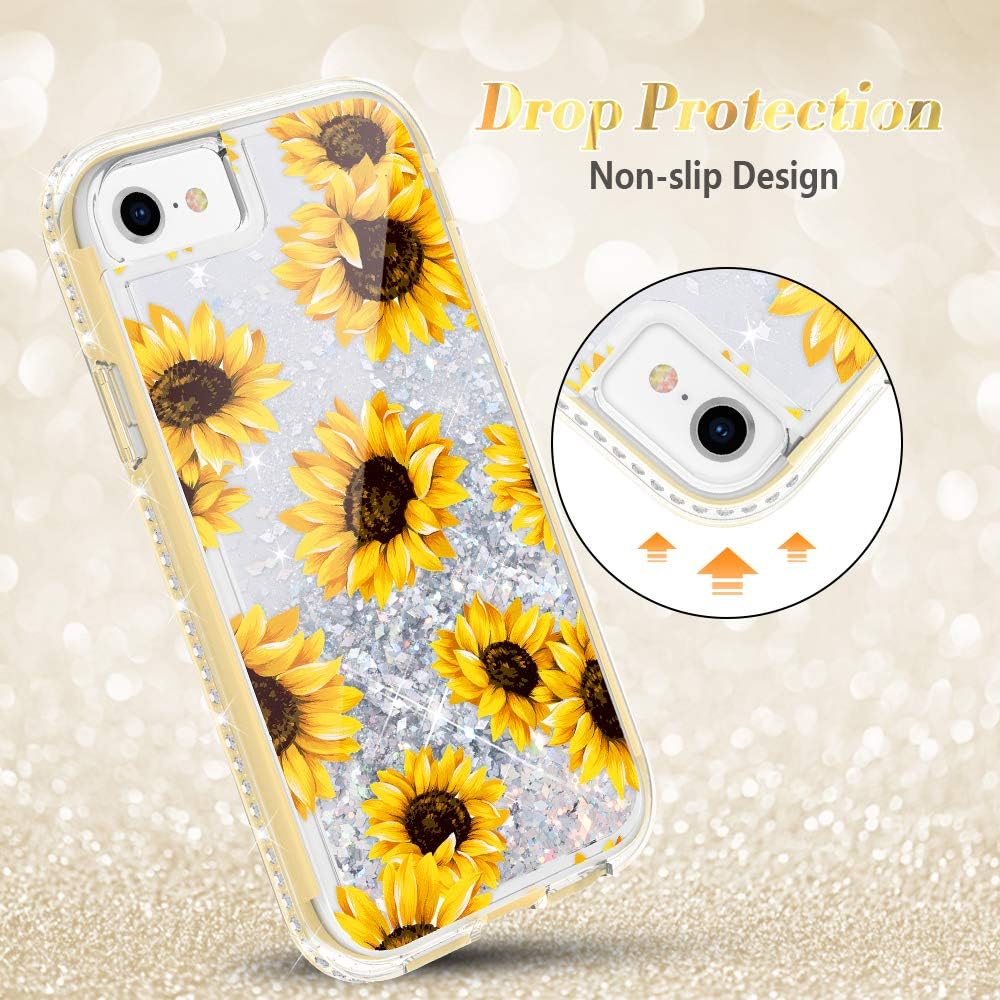 Caka iPhone SE 2020 Case Glitter, Sunflower iPhone 7 8 Glitter Full Body Case with Screen Protector Diamond Bling Sparkle Floating Liquid Girly Women Protective Case for iPhone SE 2020 7 8 6 6s