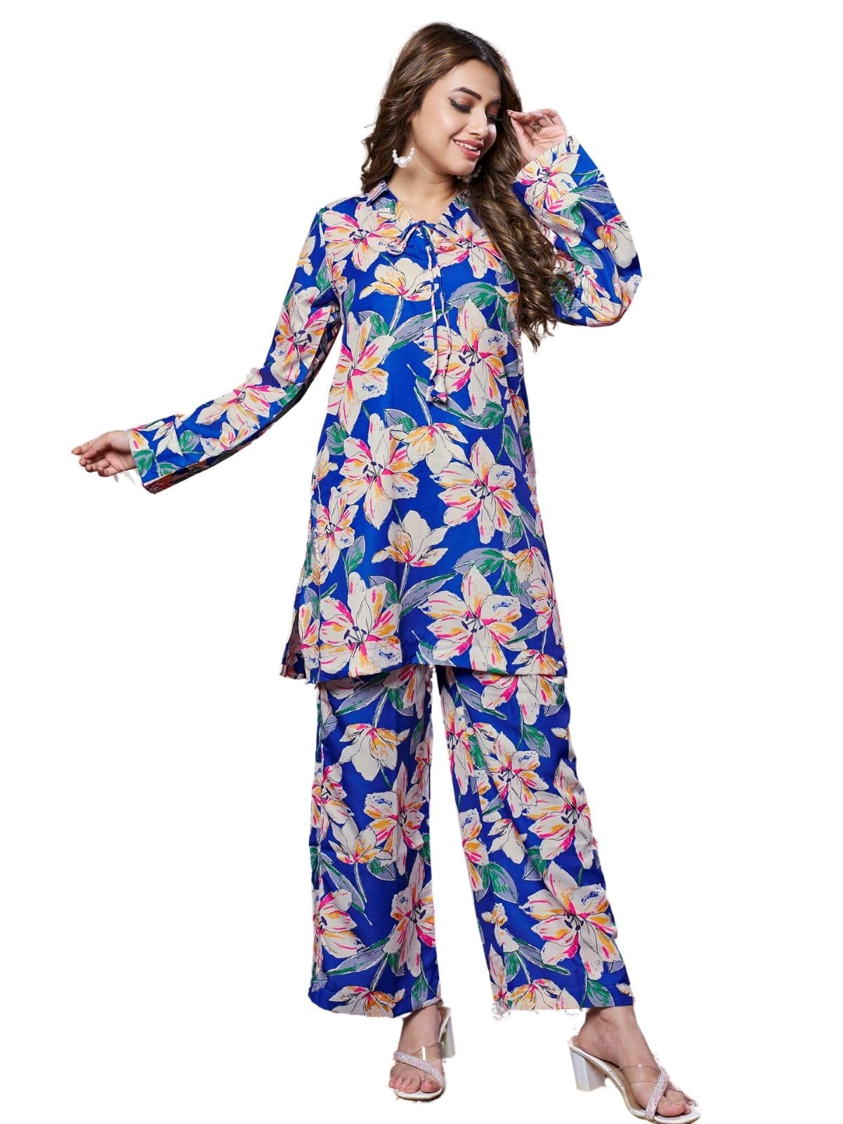 Greciilooks Women Rayon Blend Ethnic Wear Formal Kurta Co-Ord Set (Gl-W1846&Tr903-S-Blue Blue)