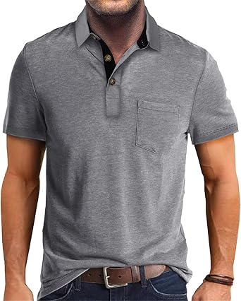 Mens Short Sleeve Polo Shirts Buttons Collared T Shirts with Pocket | Moisture-Wicking,Soft Stretch Fabric, Lightweight,Structured Collar,Business Casual, Golf, Office,All-Day Comfort