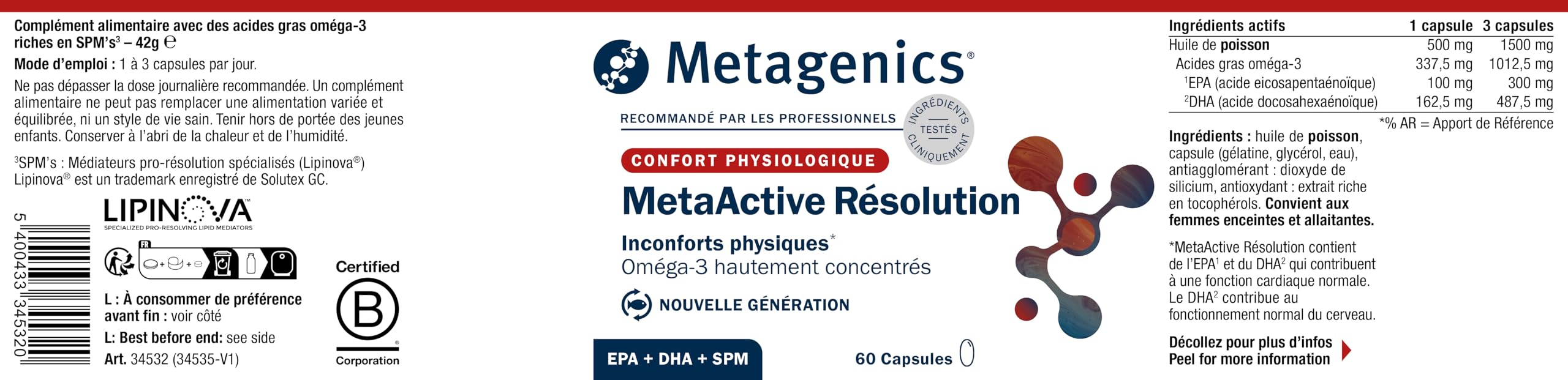 Metagenics MetaActive Résolution, Oméga-3 EPA/DHA SPM, 60 Gélules | Huile de poisson riche en EPA et DHA. Les oméga-3 EPA et DHA contribuent à une fonction cardiaque normale.