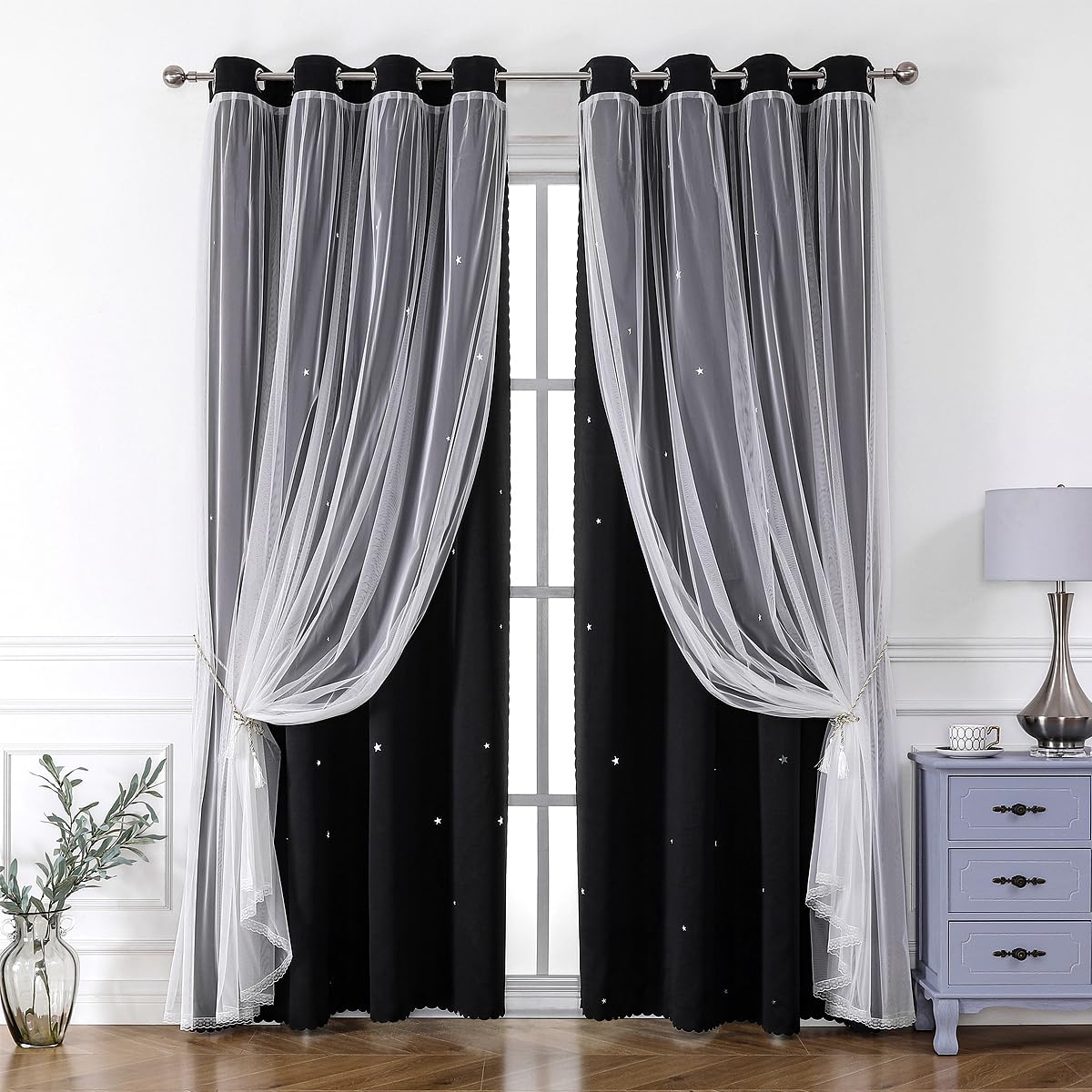 Cortinas Con Recortes De Estrellas Para Dormitorio, 2 Paneles, 2 En 1,Cortinas Opacas Que Bloquean La Luz Con Ojales Transparentes Para Ventana Para Sala De Estar,Habitación De Niños, W52 × L63, Negro