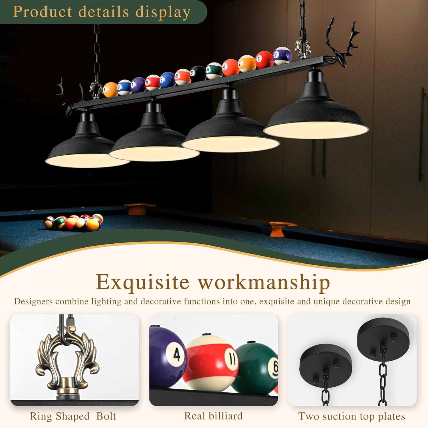 Pool Table Light, Billiard Light for 7' 8' 9' Pool Table, Hanging Billiards Light for Billiard Room, Game Room, Restaurant, Coffee Shop (4 Lights)