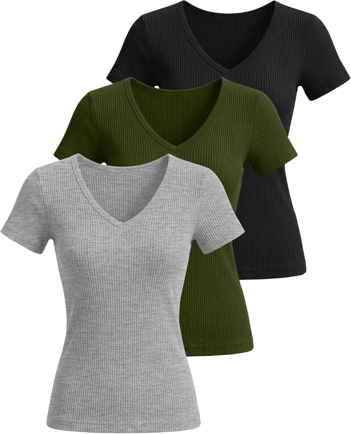 Ficerd 3 Pack Women's Short Sleeve Cotton T-Shirts V Neck Ribbed Slim Fit Tops Ladies' Casual Summer Basic Tee - Image 3