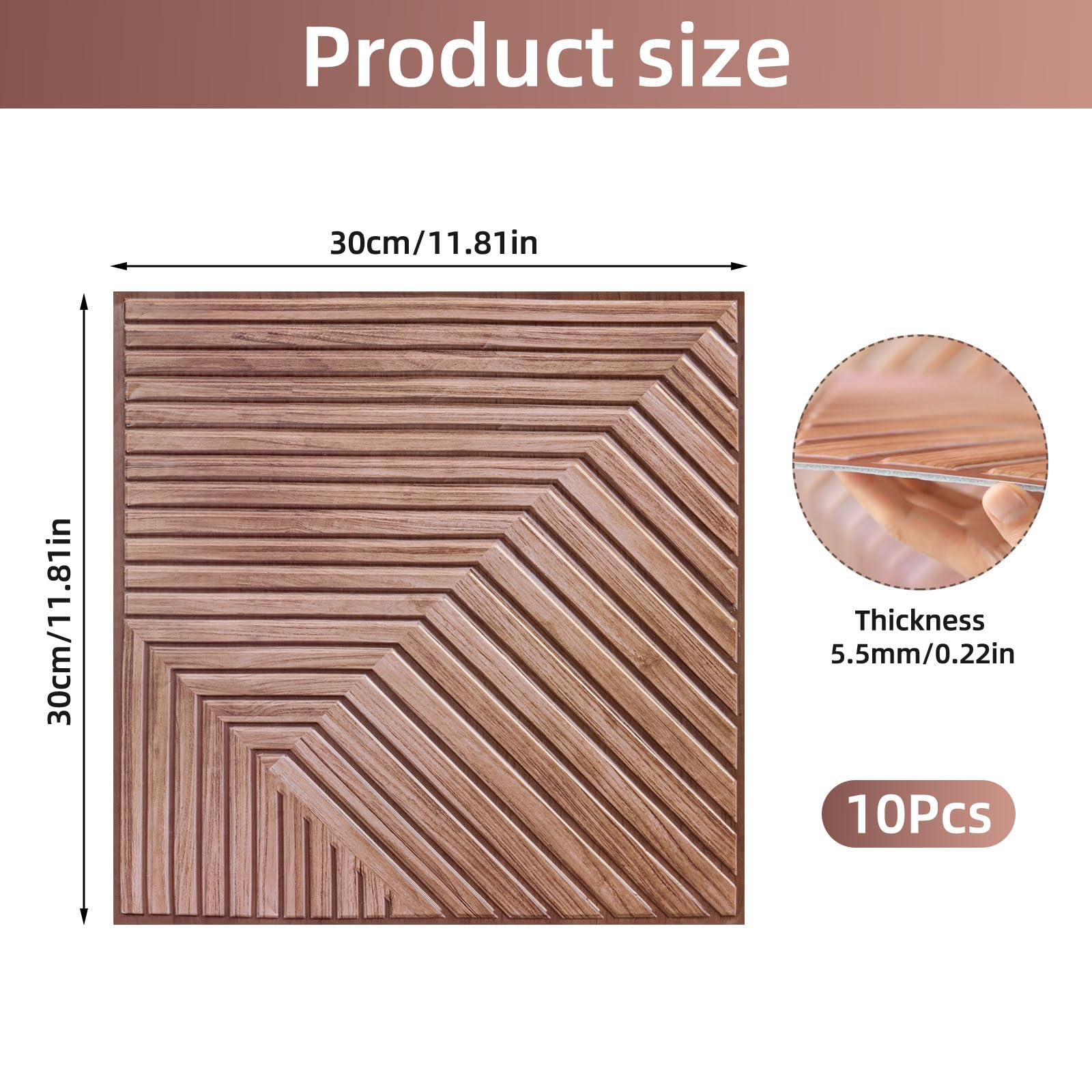 Lot de 10 Panneaux Muraux 3D, Autocollants, Aspect Bois, pour Décoration Murale Intérieure, Panneaux Acoustiques 3D, 30 x 30 cm (Marron)