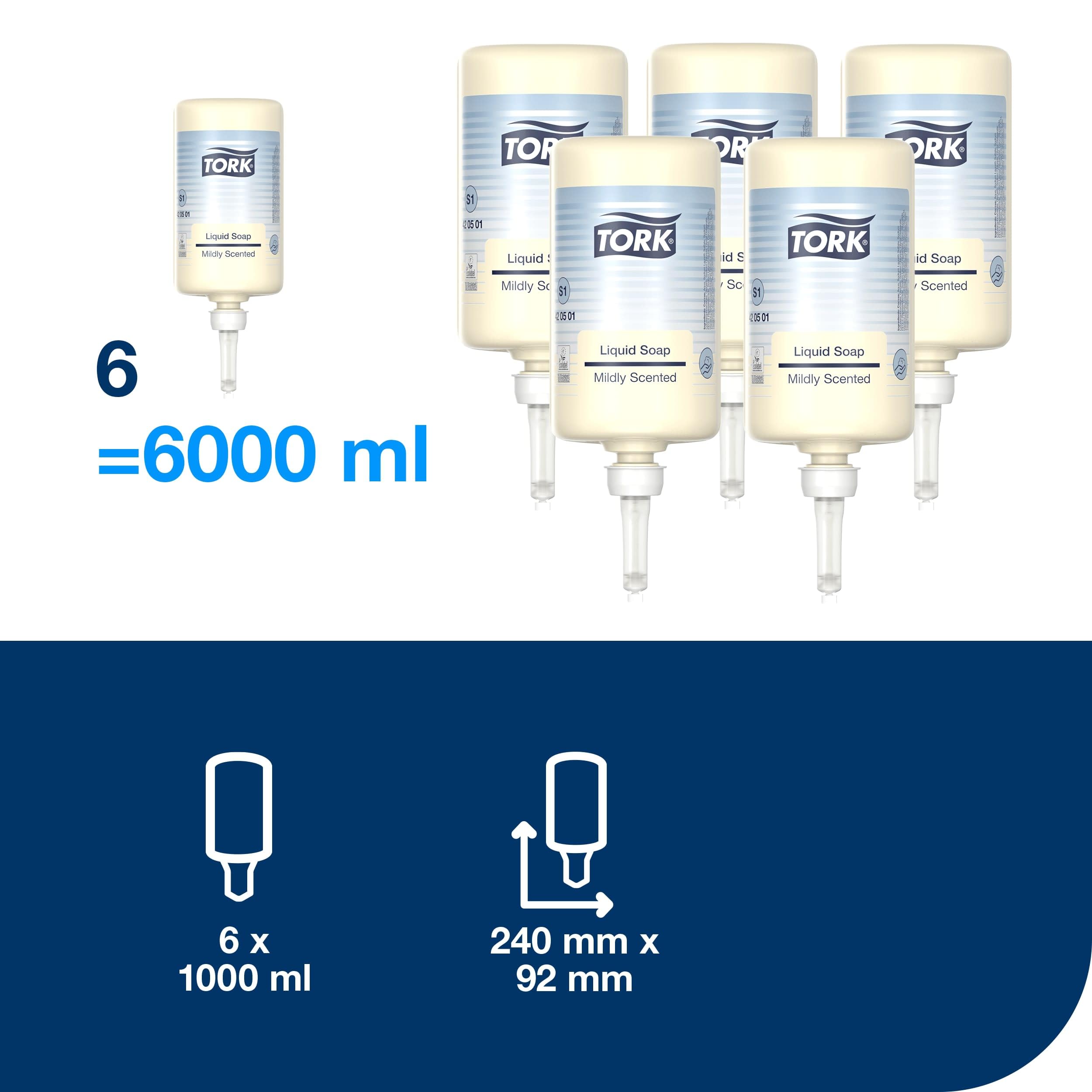 Tork Jabón Líquido Suave, Jabón multiusos para dispensadores S1/S11, aroma fresco, 6×1000ml, 420501