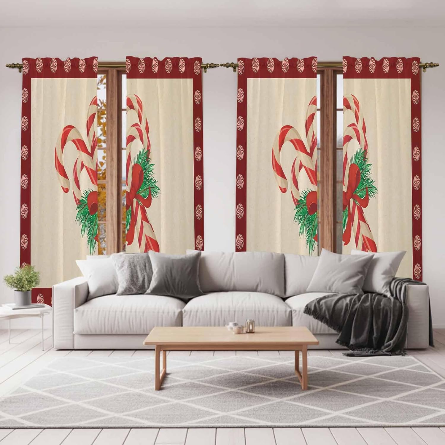 Christmas Window Curtains 72 Inch Long 2 Panel Set, Rod Pocket Long Curtains & Drapes, Xmas Candy Cane Winter Bow Pine Branch Light Filtering Window Treatment for Bedroom Living Room 52"W x 72"L