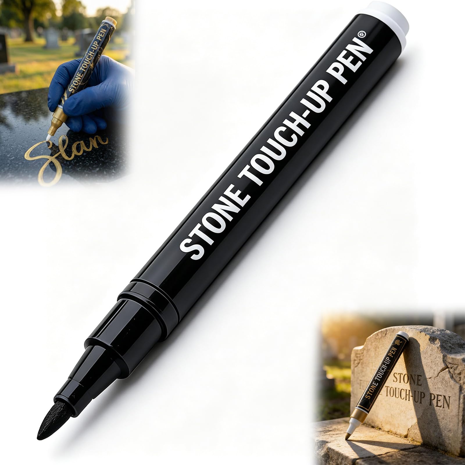 NPLSEO Golden Tombstone Marker Pen Waterproof Stone Paint Pen, 3mm Waterproof Sunproof Marker, Fine Tip Memorial Grave Lettering Touch Up for Granite Marble Headstone Inscription Restorati (Black)