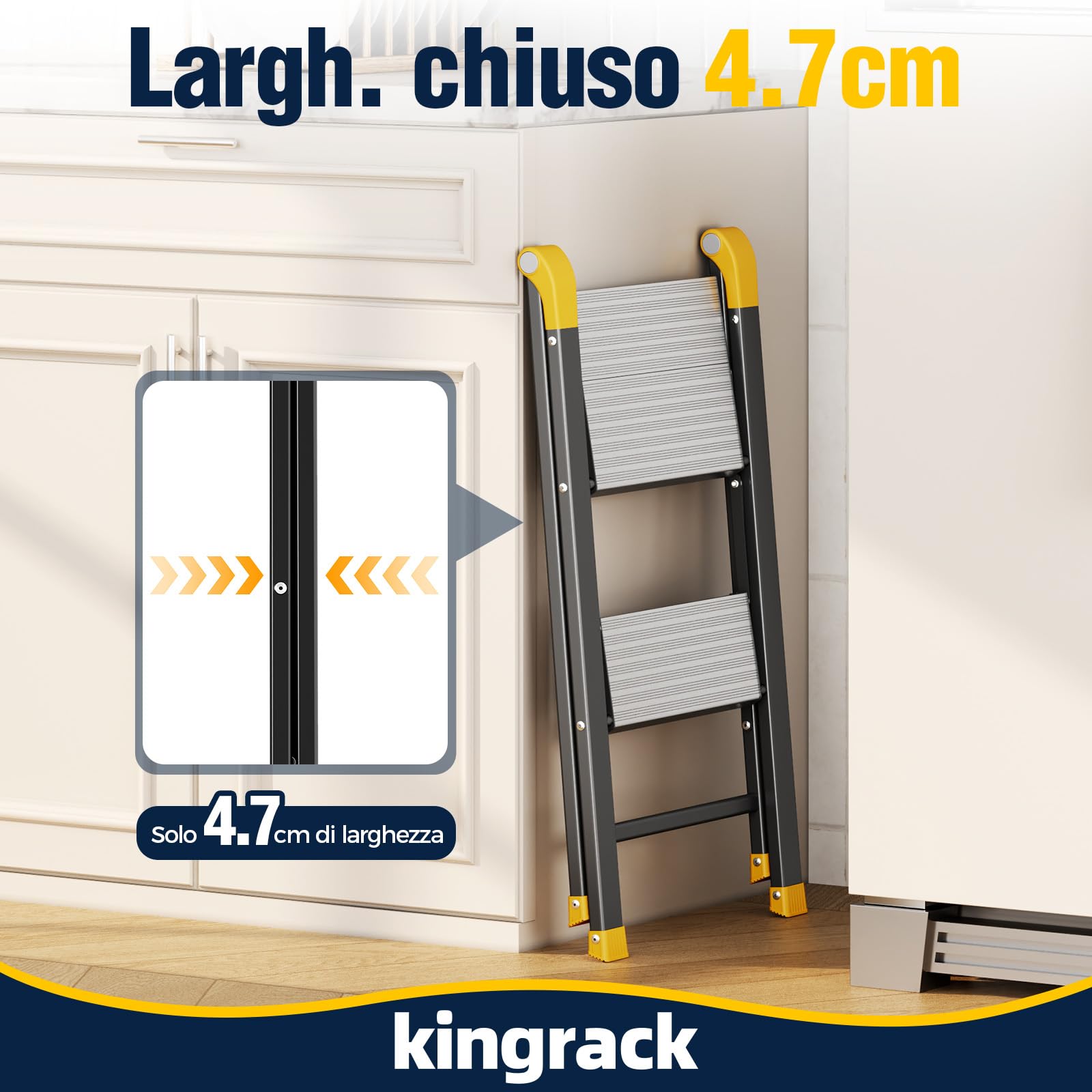 KINGRACK Scaletta 2 Gradini Pieghevole Scala Piccola in Alluminio e Acciaio | Sgabello con Pedali Antiscivolo Larghi, Blocco di Sicurezza, Portata 150 kg, per Casa Cucina Armadio Camper Interno, Nero