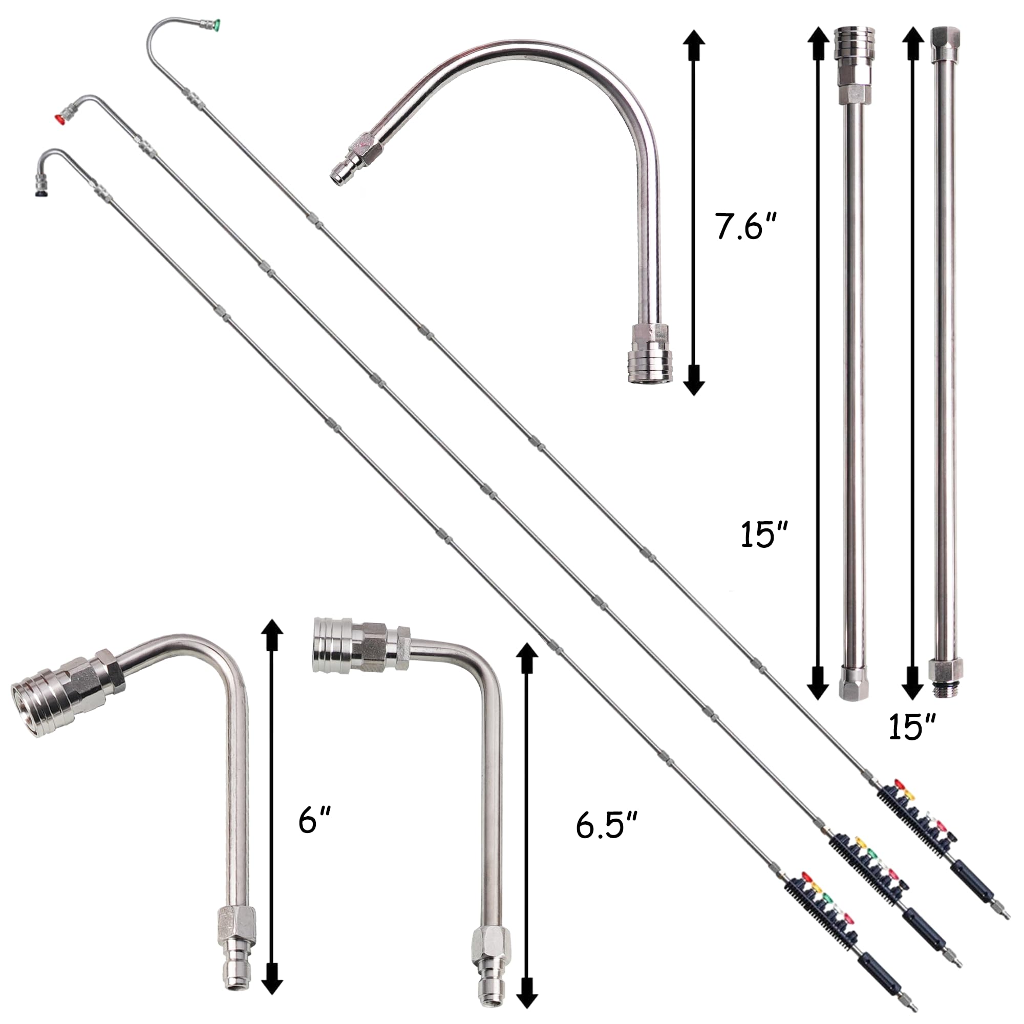 Hourleey Stainless Steel Pressure Washer Extension Wand, 10 Pack Power Washer Lance with 6 Nozzle Tips, 30°, 90° and U shape curved wands, 1/4