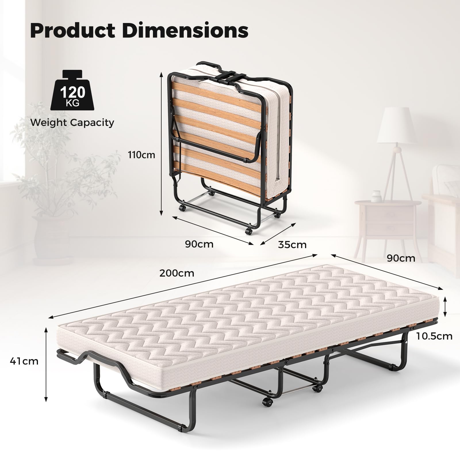 GIANTEX Letto Pieghevole 90x200 cm con Memory Foam, Lettino Pieghevole per Gli Ospiti con 4 Ruote, Sgabello e Bracci, Letto da Viaggio per Adulti, Doppia Sedia a Doghe, Nero e Beige, Made in Italy
