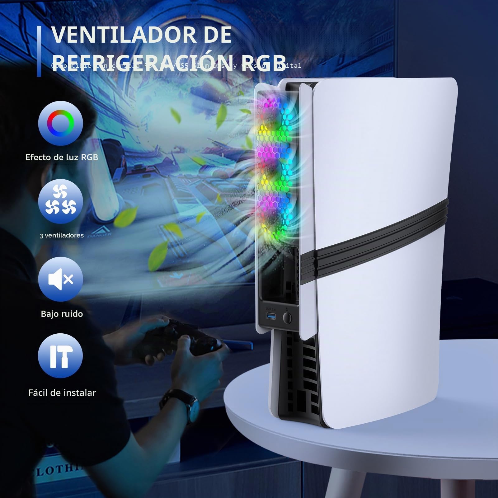 Ventilador para PS5 Slim/ PS5 Pro, Ventilador de Refrigeración para PS5 Pro/ PS5 Slim con luz LED & Detección automática de temperatura, Refrigeracion para PS5 Pro/Slim Disc y Digital Ediciones