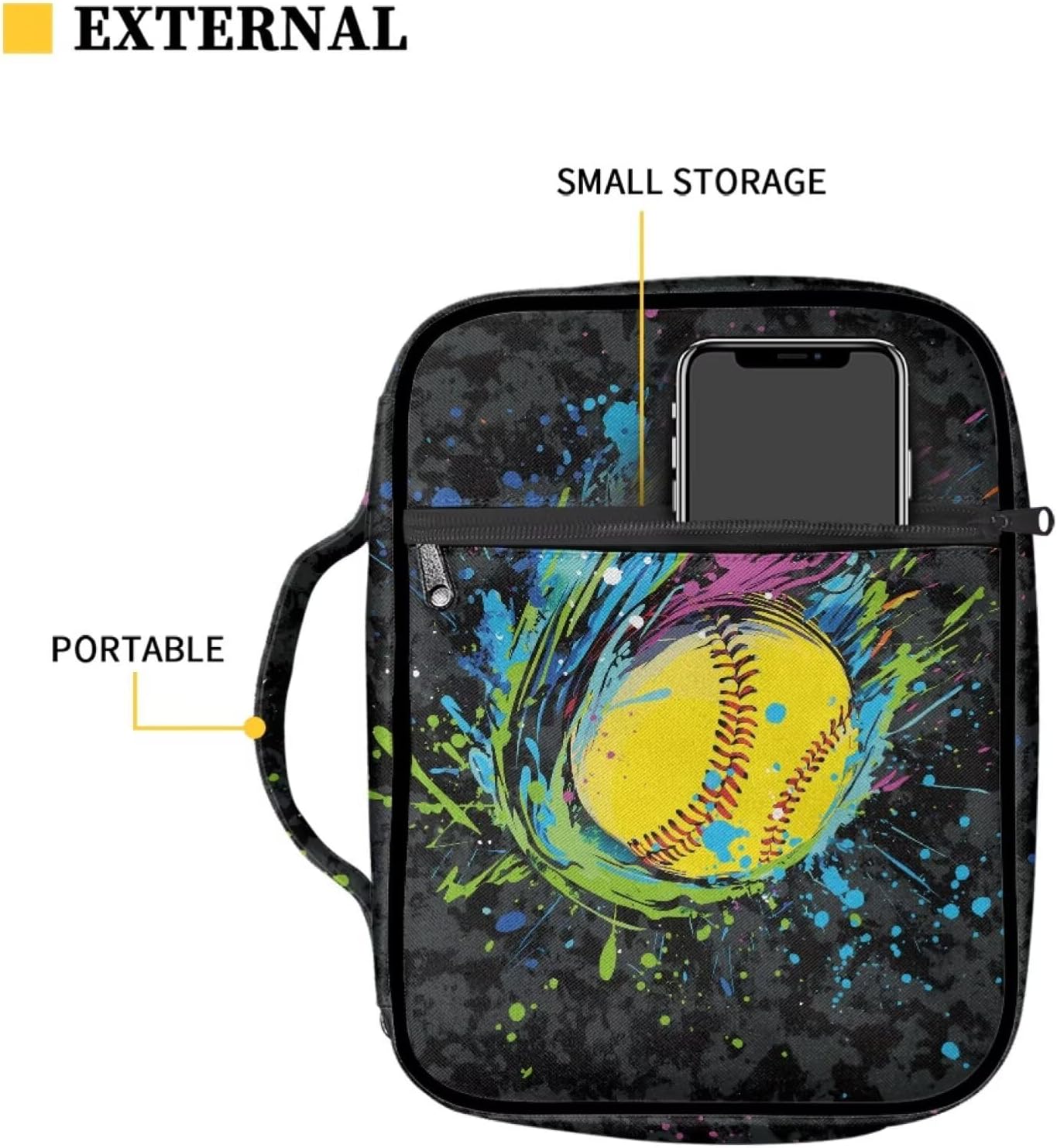Colorful Paint Softball Camo Bible Case for Women Men Lightweight Bible Bags and Totes Bible Accessories Portable Bible Carrying Case with Zipper Pocket Large Briefcase image 4