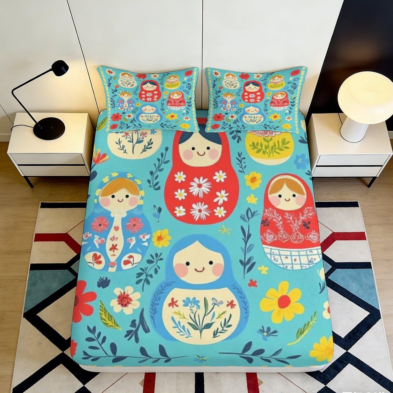 3D Printed Matryoshka Doll Fitted Sheet Microfiber Soft Anti-Slip Russian Nesting Doll Mattress Cover for Bedroom Guest Room Decor 160x200x25cm