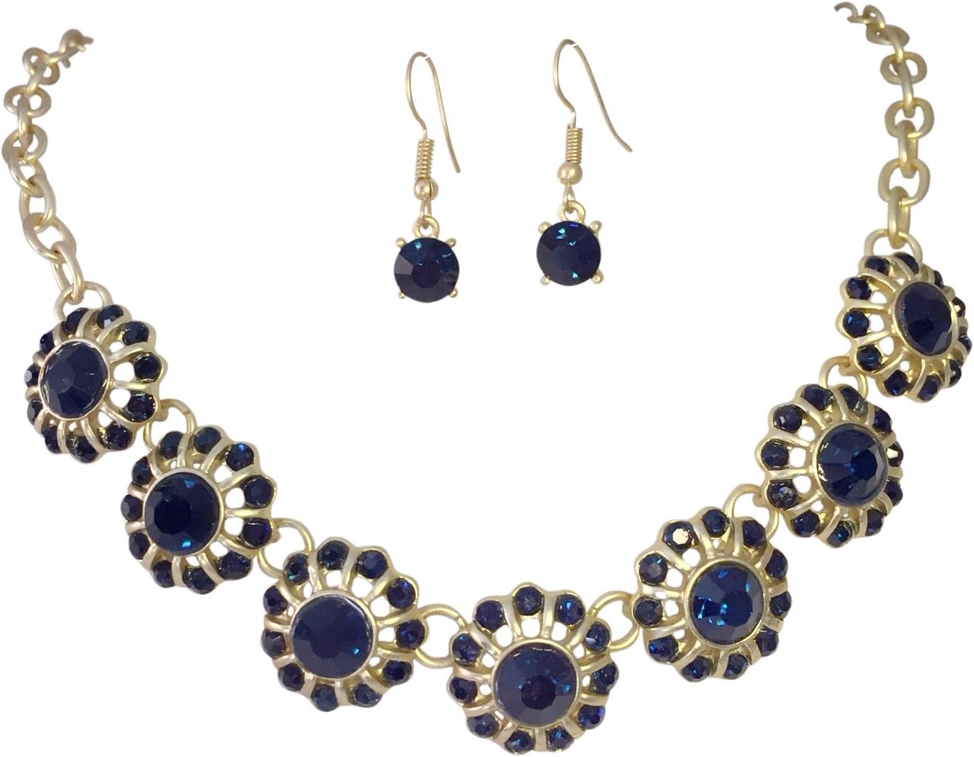 Gypsy Jewels 7 Flower Dot Rhinestone Matte Gold Tone Boutique Style Statement Necklace Earrings Set (Dark Blue)