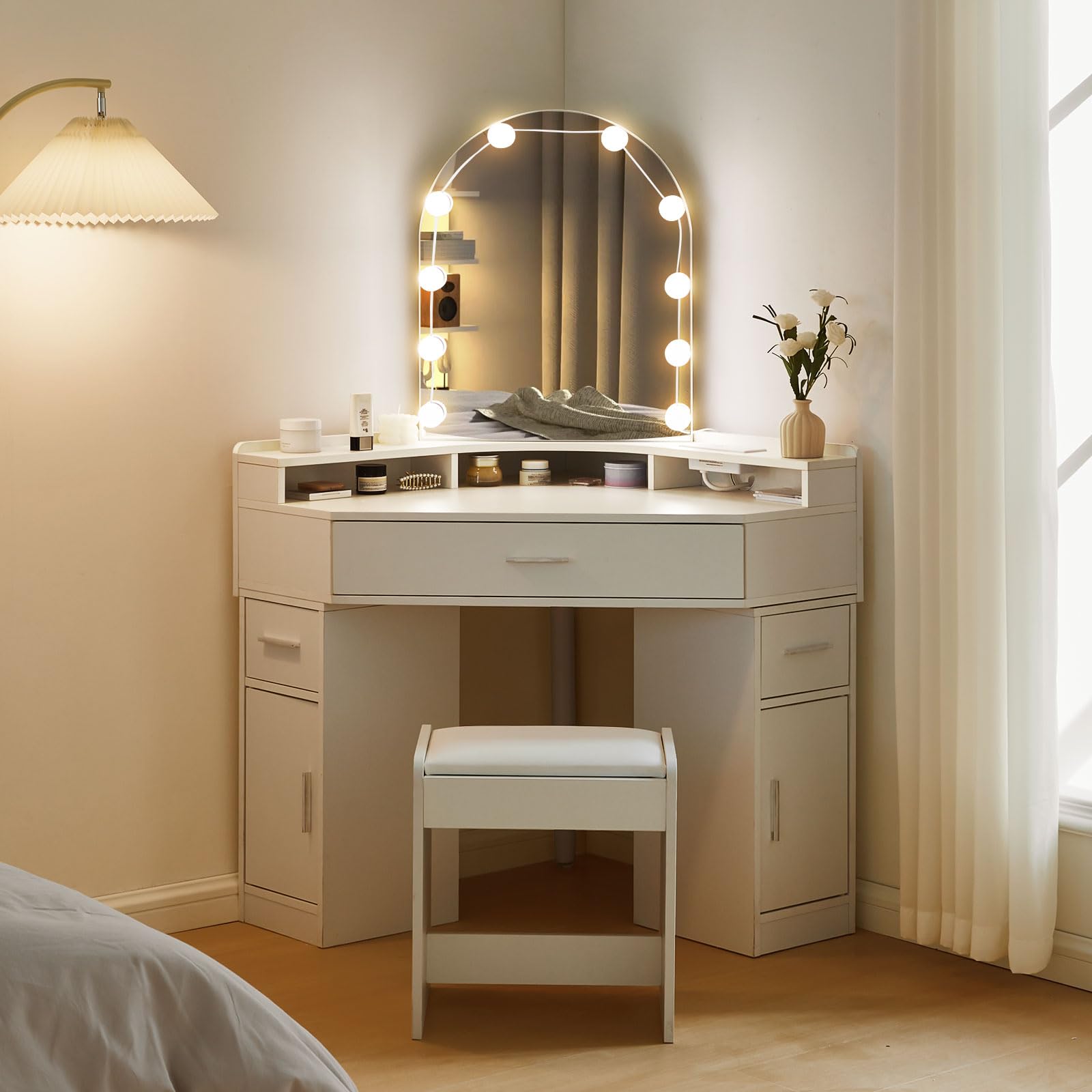 CLIPOP Dressing Table with Charging Station, Unique Corner Dressing Table with LED Lights Round Mirror, 3 Drawers Makeup Vanity Desk with Open Shelf and Cabinet for Bedroom Girls Women