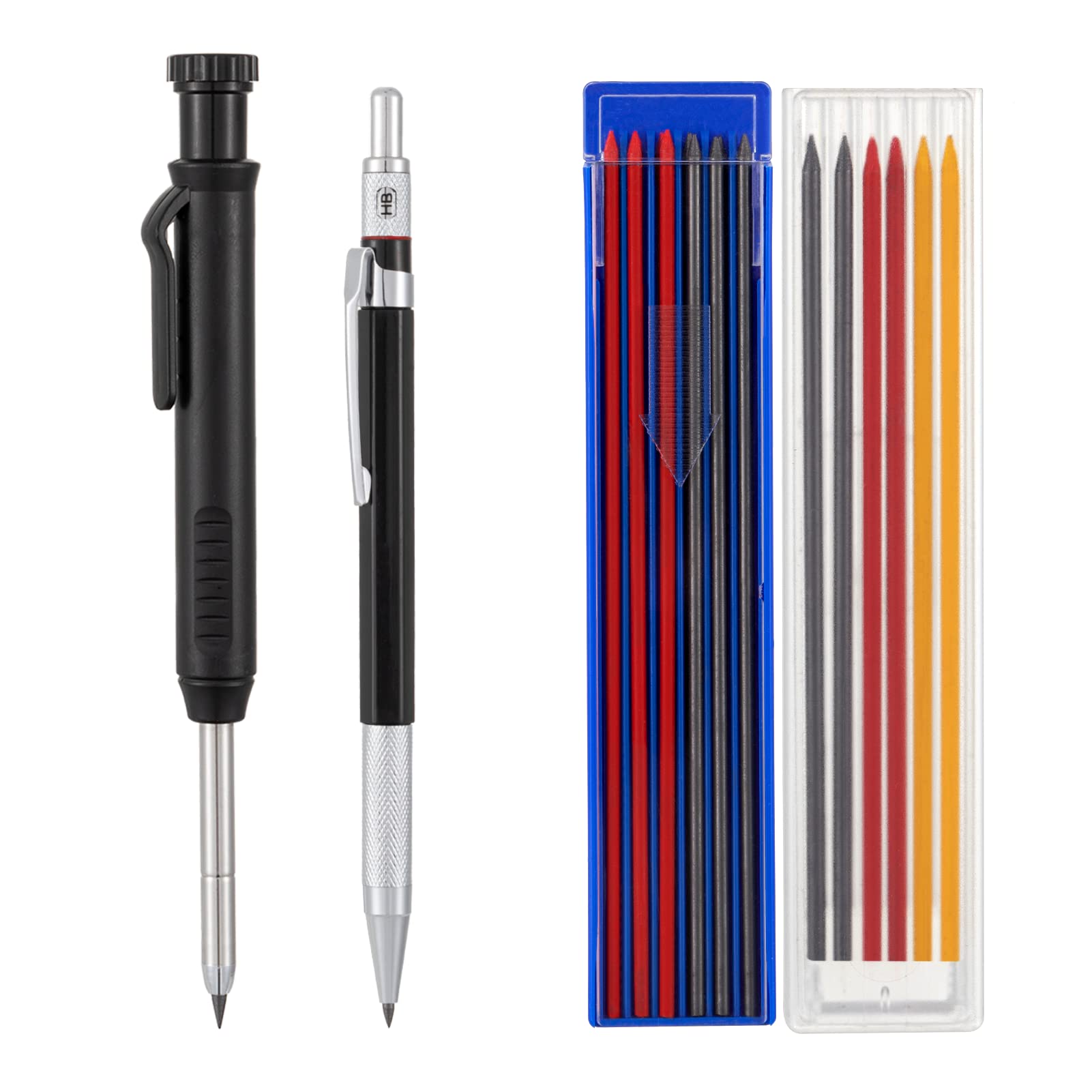 habibee 2 Pack Solid Carpenter Mechanical Pencil, Construction Pencil with 18 Refills, Deep Hole Mechanical Pencil Marking Scribe Tool with Built-in Sharpener for Woodworking Drafting Architect, Black