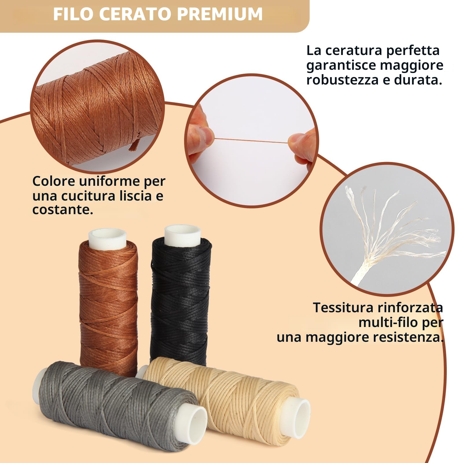 Kit Riparazione Pelle con Filo Cerato, Aghi Curvi & Punteruoli - 4 Rulli, 34 Aghi, per Sedili Auto, Divani e Vele (4 filo cerato)